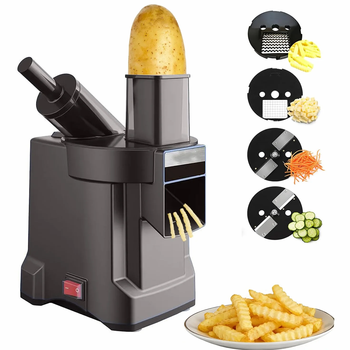 Cortador de Verduras eléctrico 4 en 1 de Uso Profesional, picadora eléctrica de Alimentos Resistente con rebanar, Cortar en Dados, rallar y Cortador de Patatas, Doble Entrada XL