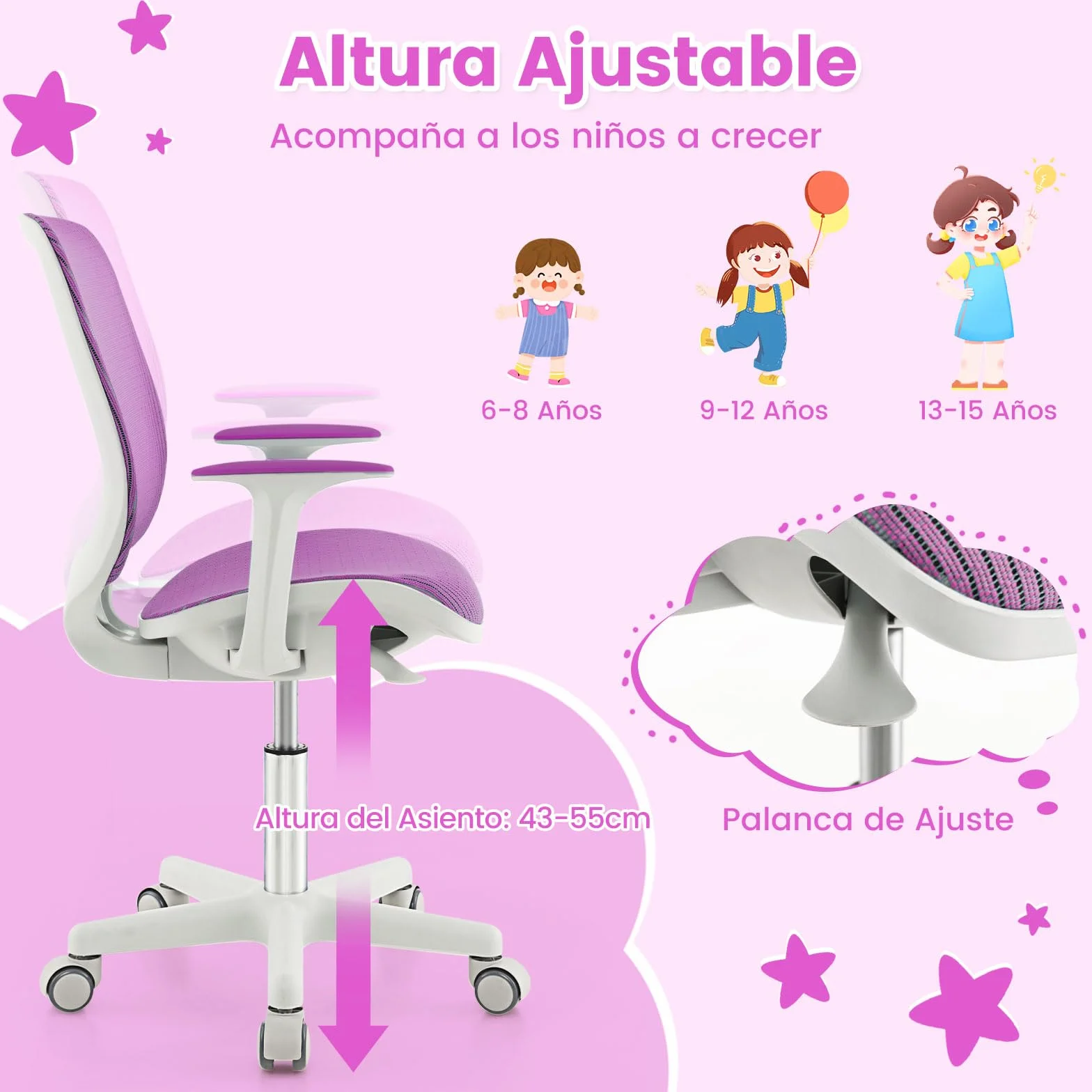 COSTWAY Silla de Escritorio para Niños, Silla Infantil Giratoria para Computadora con Altura Ajustable, Ruedas con Freno, Reposabrazos Lisos, Silla Ergonómica de Estudio para Niño (Morado)