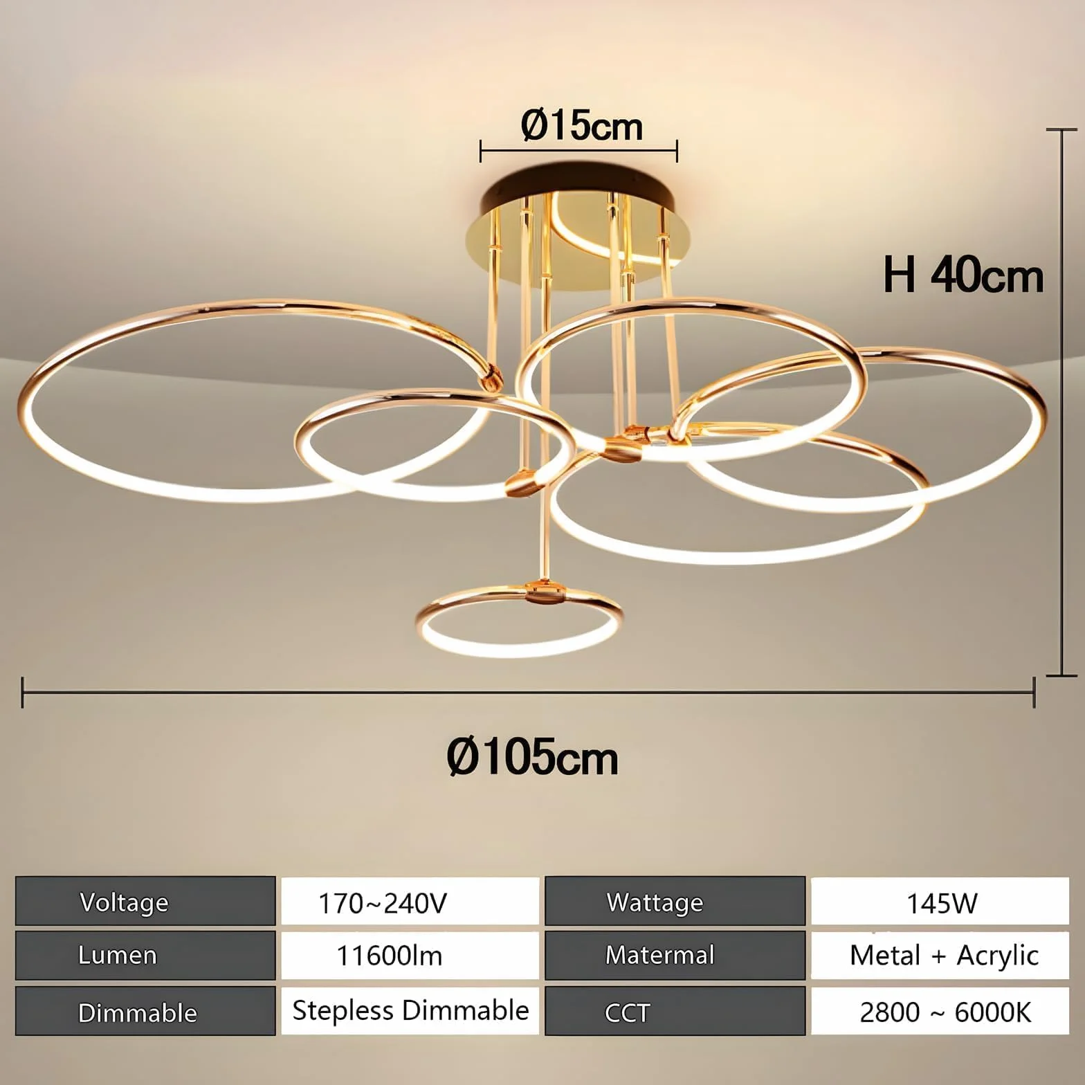 6 Anillos Redondos Lámpara De Techo Led Dorada Diseño, Candelabro De Ø105cm | 145W Regulable Forma Continua, Colgante De Electrochapa De Metal Creativo, Lámpara Moderna Para Dormitorio, Sala De Estar