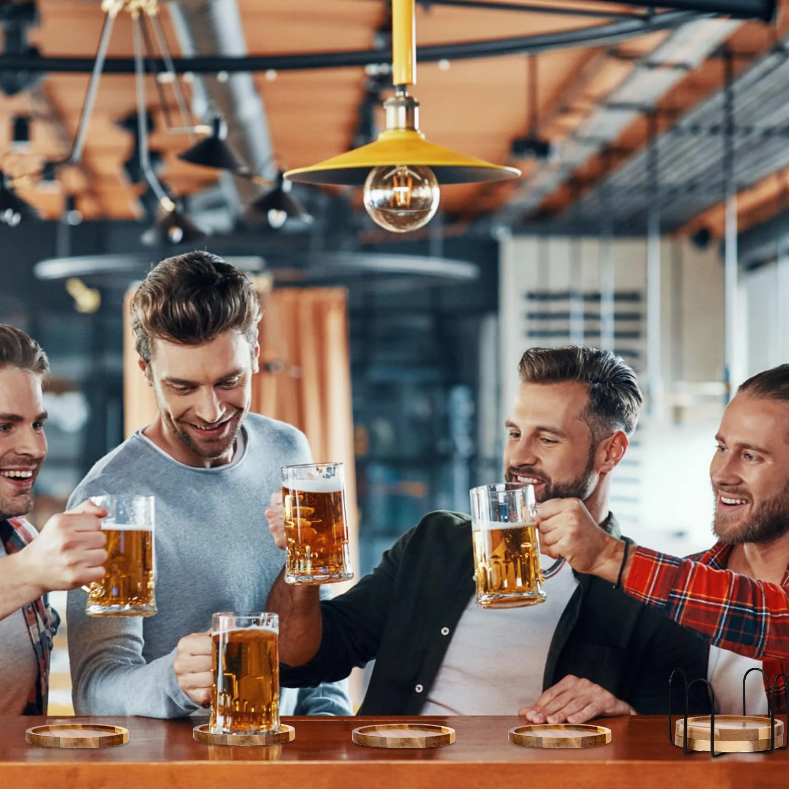 Posavasos de Madera Redondos con Bordes Elevados para Bebidas, Vasos y Bar
