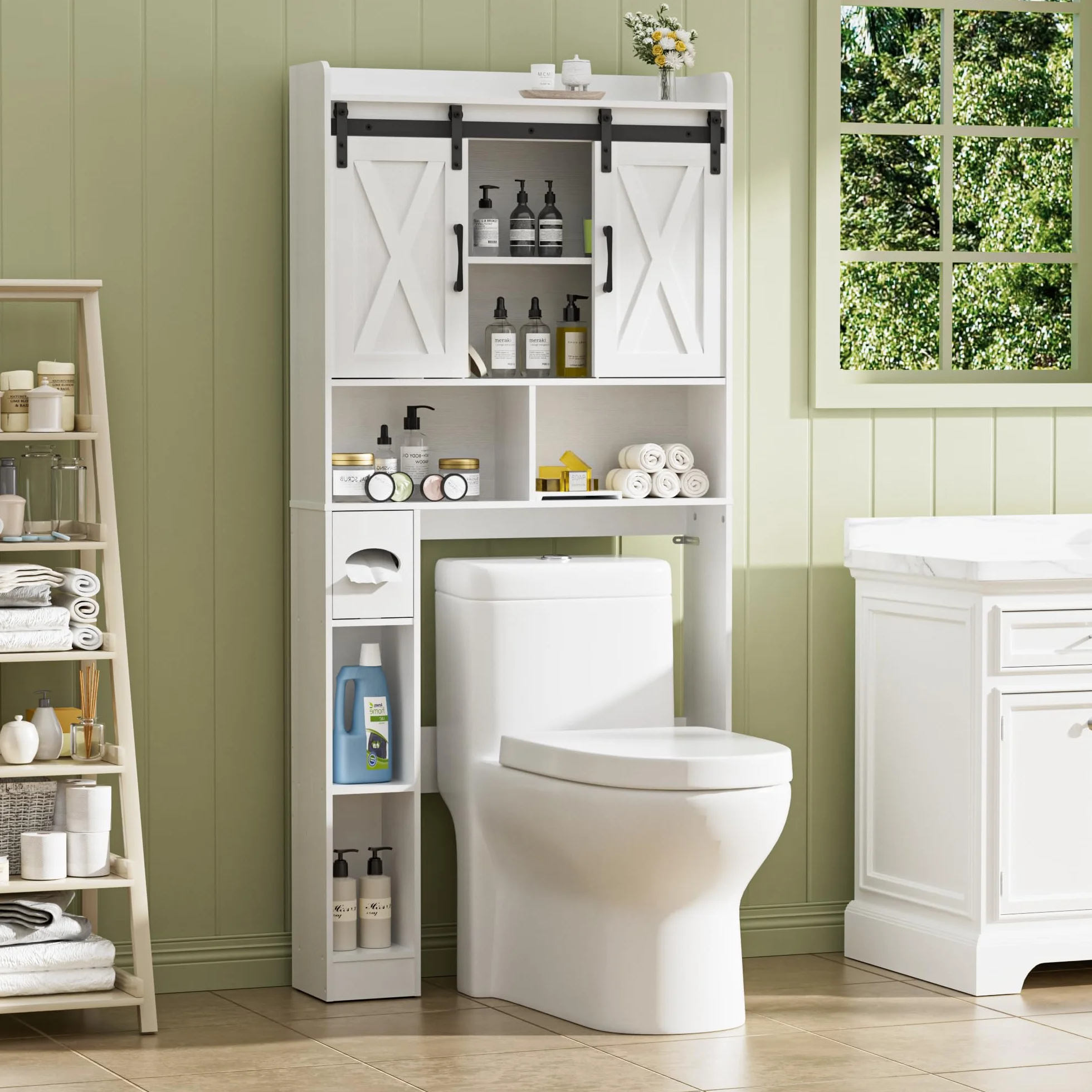 BonVache Mueble Lavadora Puerta Corredera Estantes Ajustables 5 Nichos Abiertos Compartimento Toallas Papel Baño Lavandería Blanco