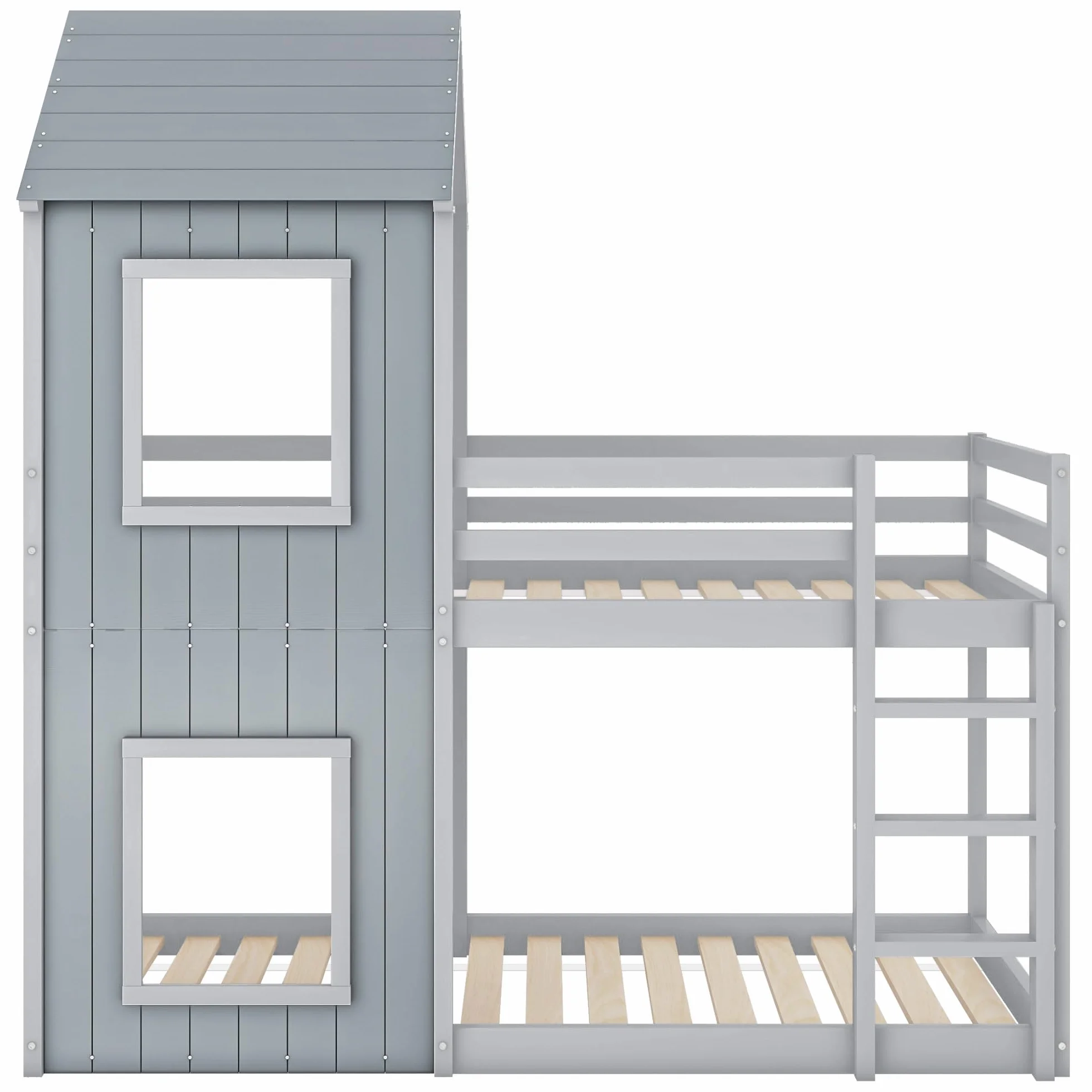 Idemon 90 x 200 cm litera, cuna, cama de casa para niñas y niños, con escalera y dosel, profundidad del suelo, madera maciza (gris)