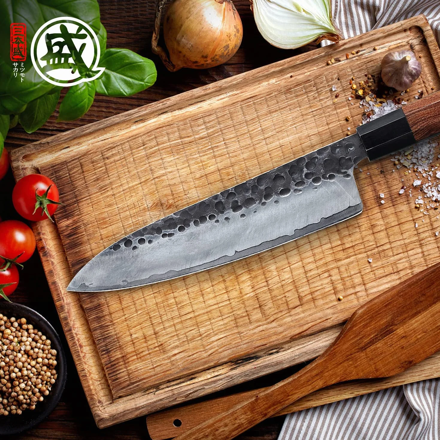 MITSUMOTO SAKARI Cuchillos Cocina Gyuto, Cuchillo Japones de Acero de Alto Carbono, 20 cm Cuchillos Cocina Profesional Forjados a Mano (Mango de Palo de Rosa y Caja de Regalo)
