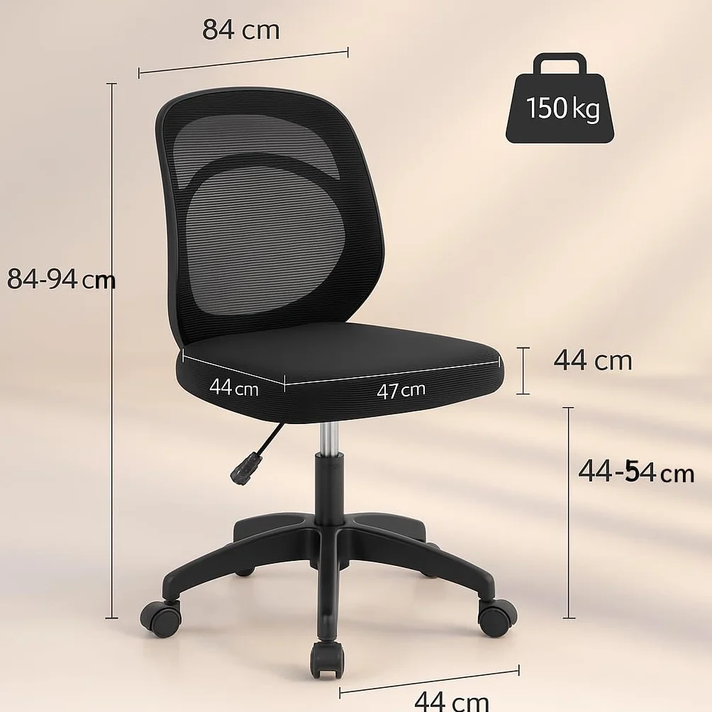 Silla de Oficina Ergonómica Sin Reposabrazos con Soporte Lumbar, Tela Transpirable, Ruedas, Giratoria, Asiento Espuma Alta Densidad