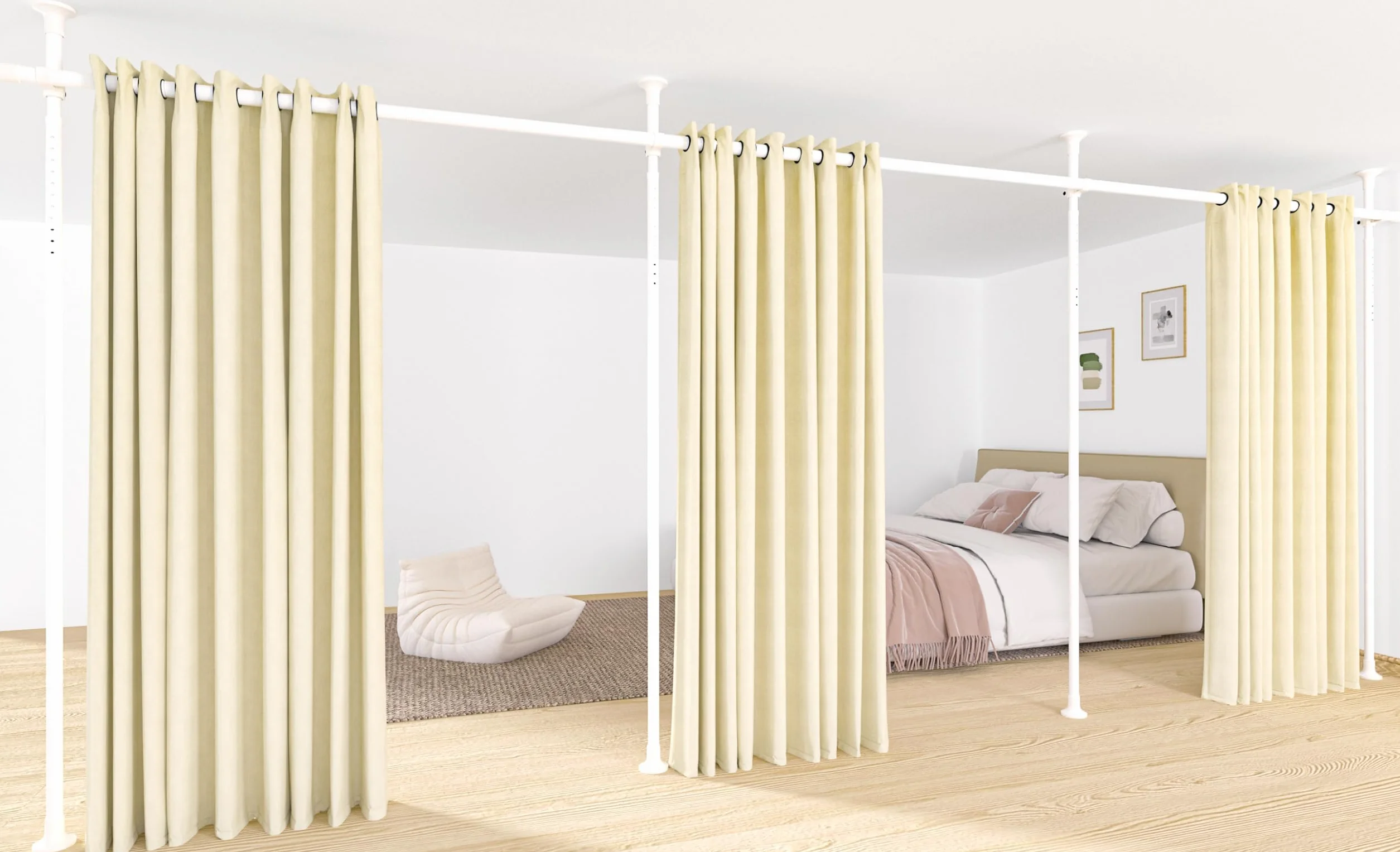Separador de ambiente con estructura para cortinas, 3 piezas, barra para cortinas sin cortina, separador flexible ajustable, separador de ambiente o barra para cortinas, protección contra