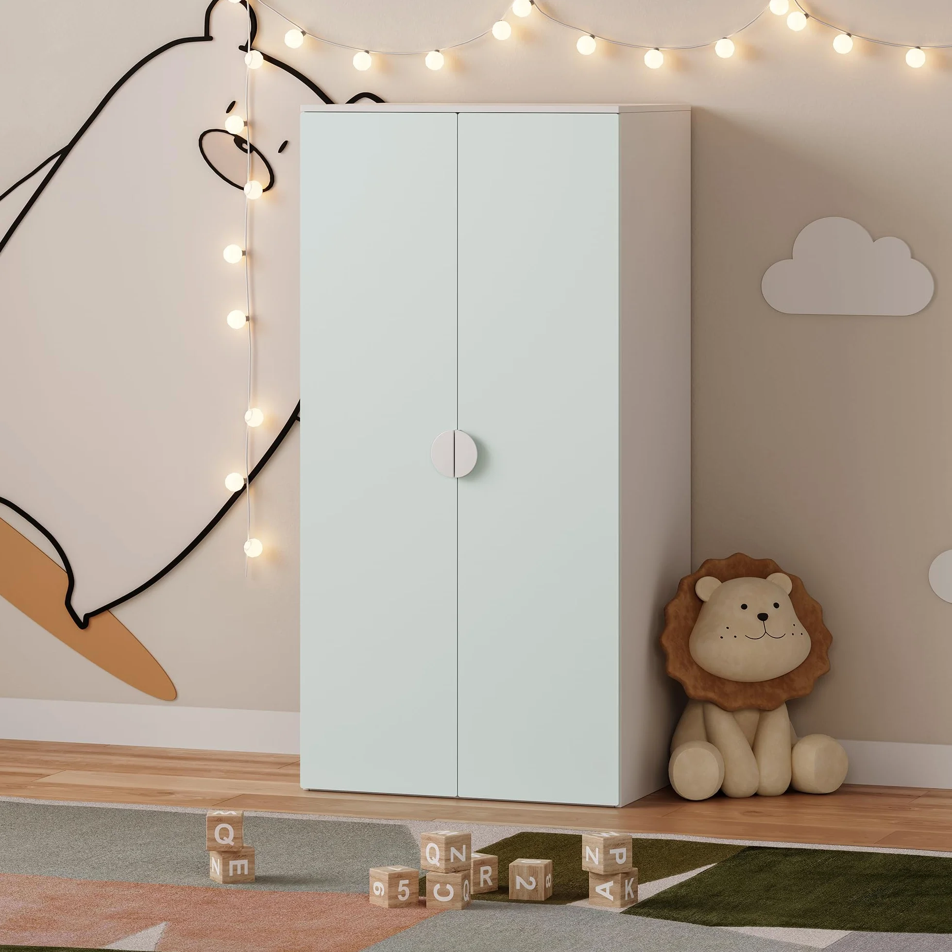 Armario Ropero Infantil Sandnes 123x60x40 cm Blanco/Verde Menta con Barra Colgante y 2 Puertas