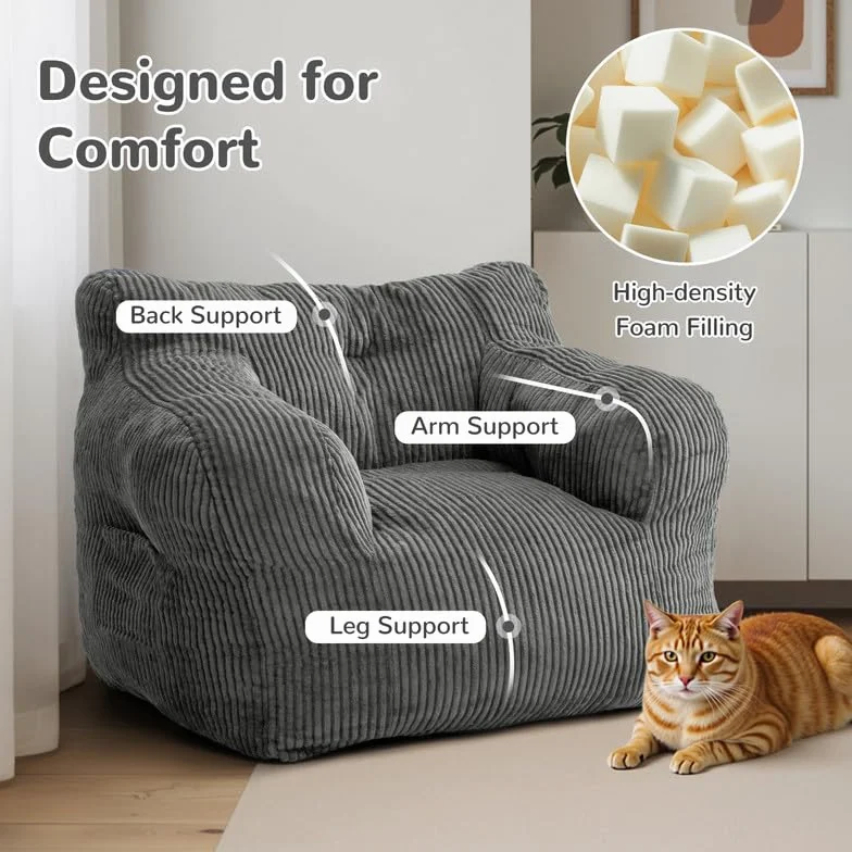Pamapic Puff Salon, Sillon Puff con Relleno Incluido, Sofa Puf con Asas Portátiles, Sillas de Salon Ergonomicas Moderno, Bean Bag Interior para Sala de Estar, Dormitorio, Sala de Juegos, Gris