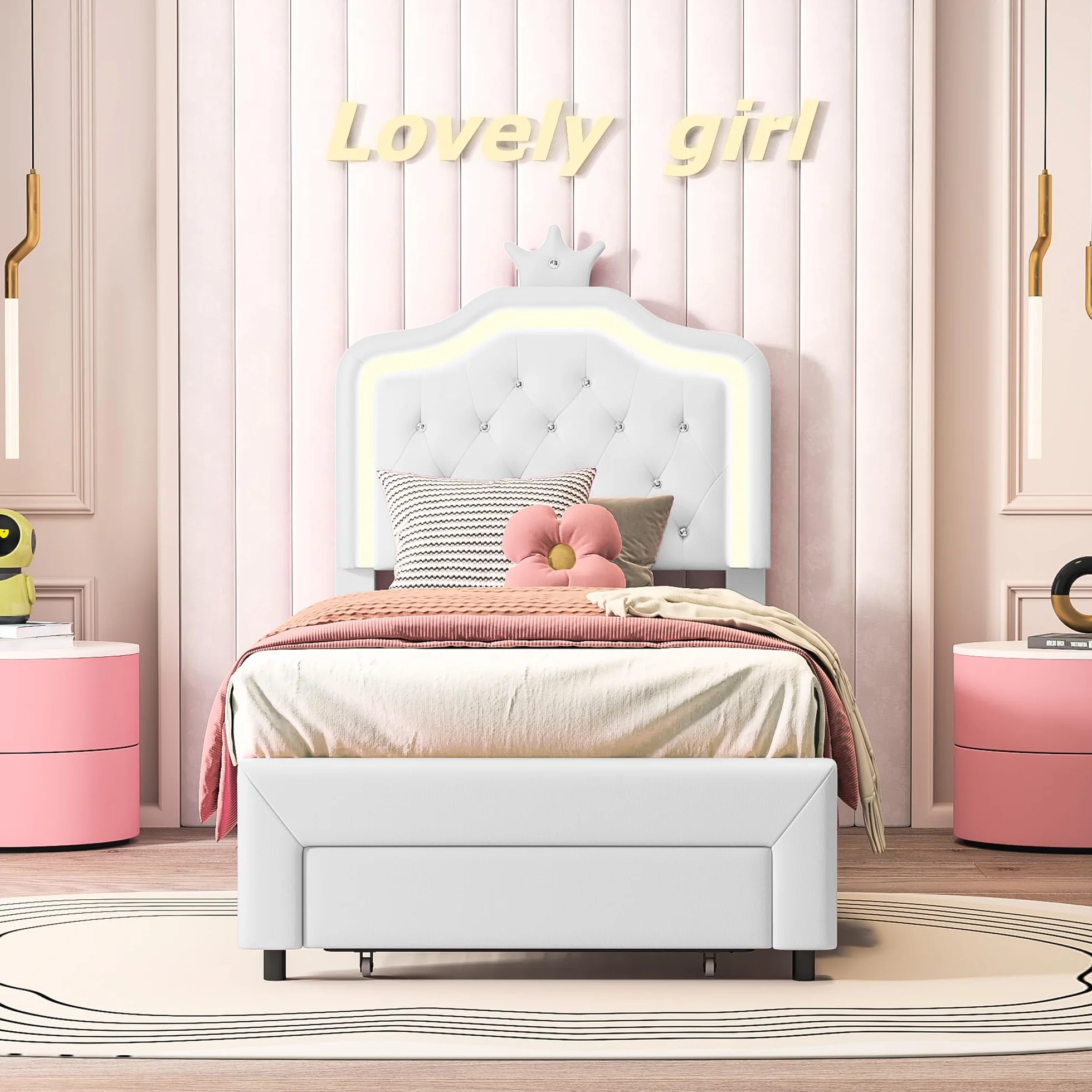 Cama Infantil 90x200 cm, Cama de Princesa con cabecero LED Corona, Camas Individuales Acolchadas con Somier de Láminas, Estructura de Cama para Niña con cajón, Camas de 1 Plaza para Niña