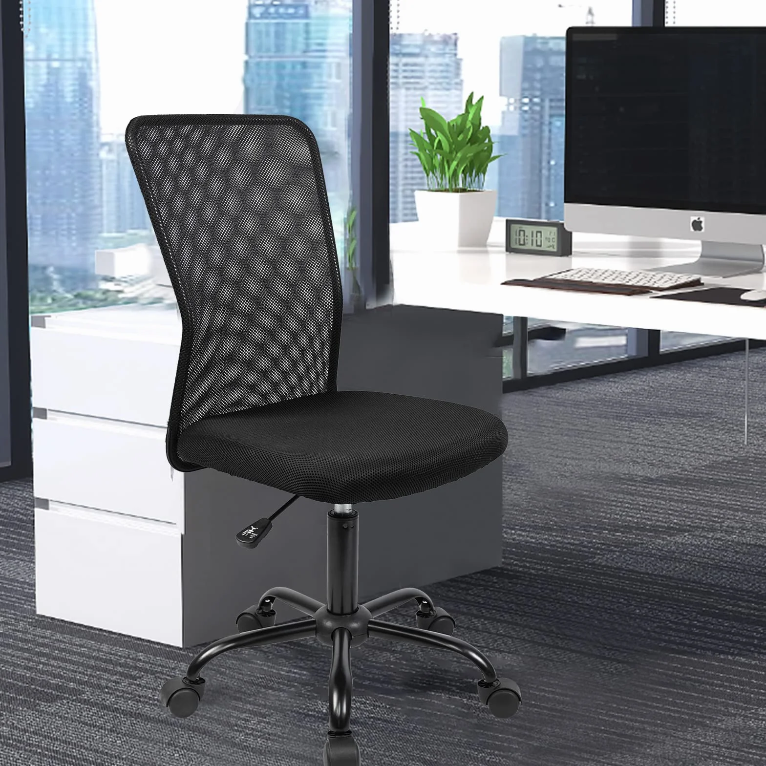 T-LoVendo Silla de Oficina Ergonómica Sin Reposabrazos Tela Transpirable con Ruedas Giratoria Negra