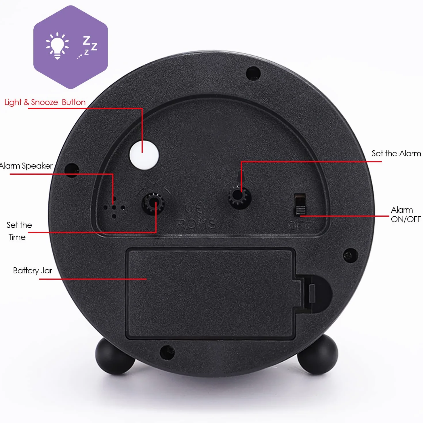 Lafocuse Reloj Despertador Analógico Silencioso con Snooze Luz Nocturna Metal Negro Números Grandes 3D 10.5cm