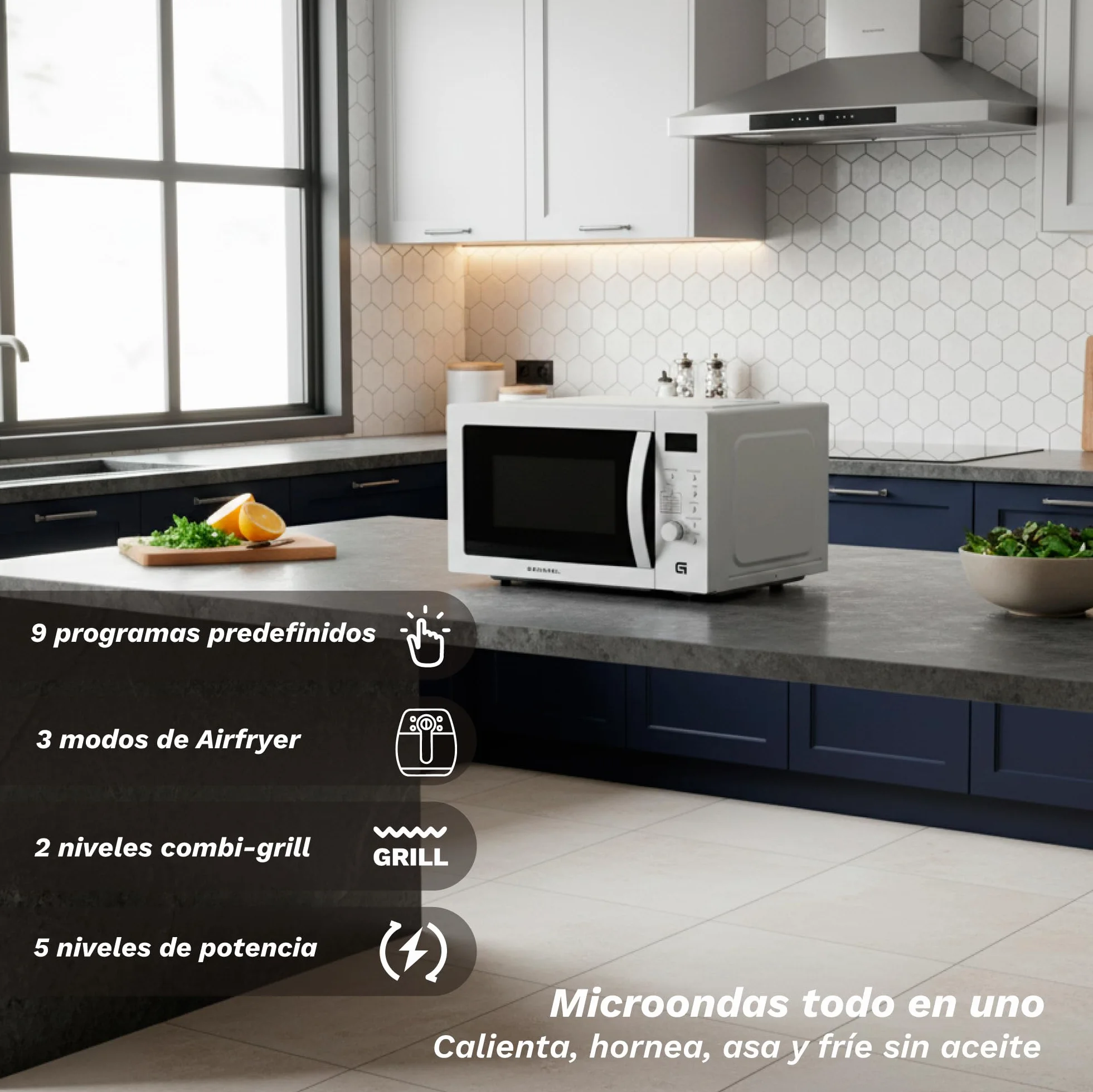 Microondas con grill y airfryer Grunkel MW-28AIRFRYER de 28 litros y 3 funciones, microondas 900W, grill 1200W, airfryer y horno 2200W con 5 niveles de potencia 8 programas y descongelado.