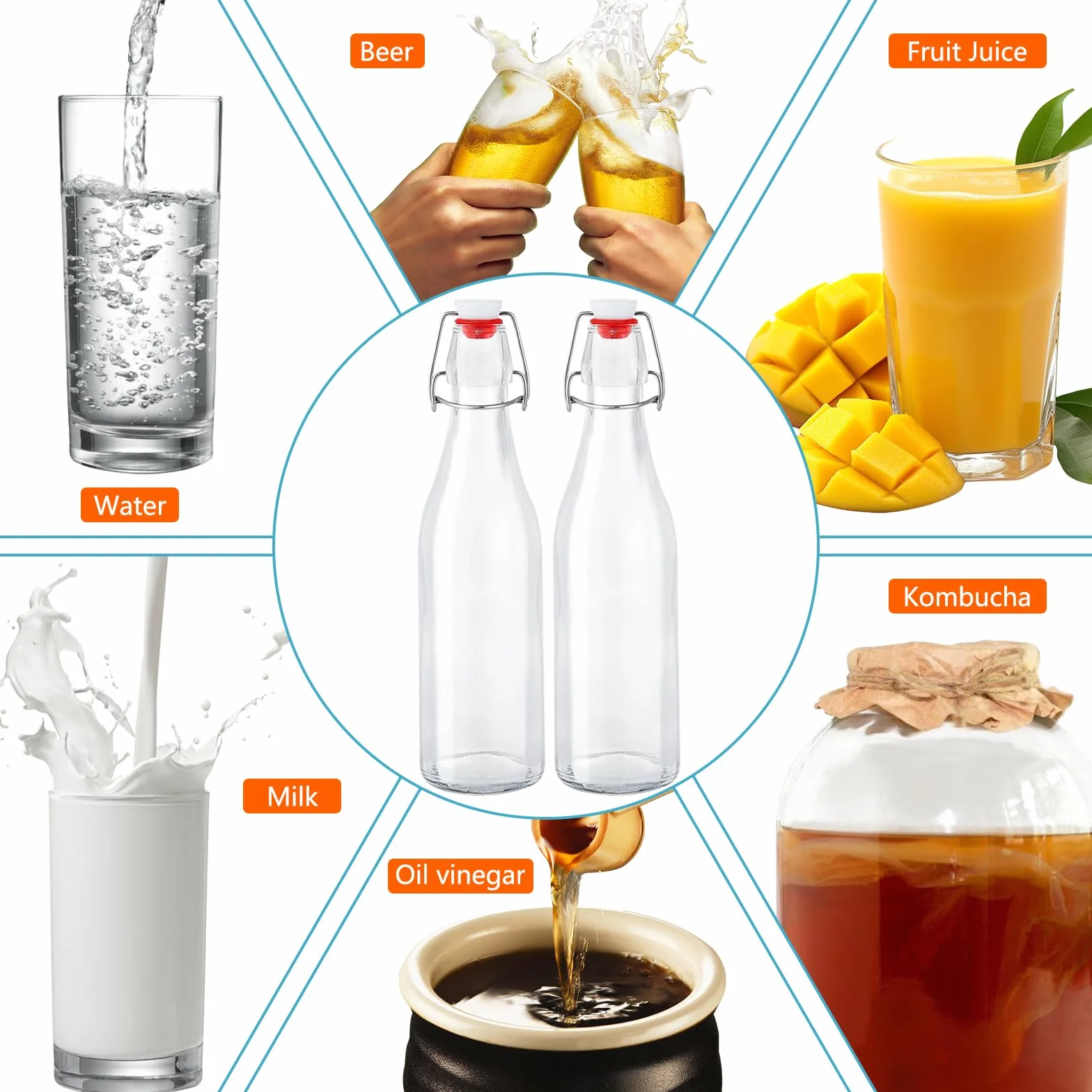 6 Botella Cristal 500ml con Tapón Hermético, Botella Cristal Reutilizable, Botella Vidrio con 6 Precintos Extra, 6 Etiquetas, Embudo, para Bebidas, Cerveza, Aceite, Zumo, Agua