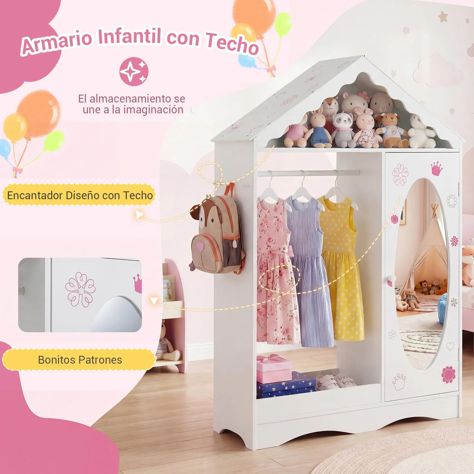 COSTWAY Armario Infantil con Espejo, Tejado y Barra Colgante Organizador Dormitorio (Blanco)