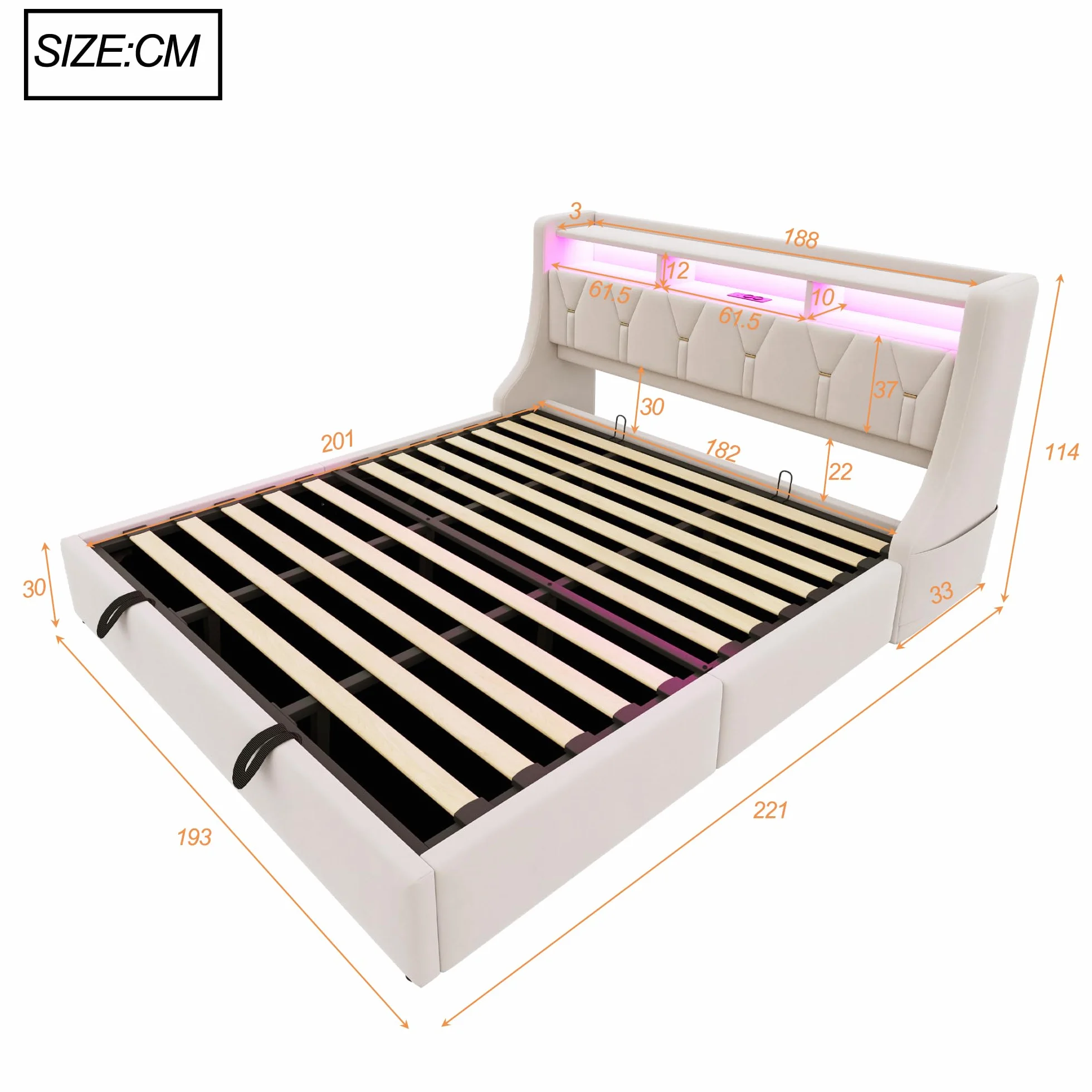 Sapgaks - Cama de 180 x 200 cm, con somier LED y USB, cama doble de 180 x 200 cm, con baúl de almacenamiento y cabeza ajustable, tapizado con láminas, 2 personas marco (sin colchón)