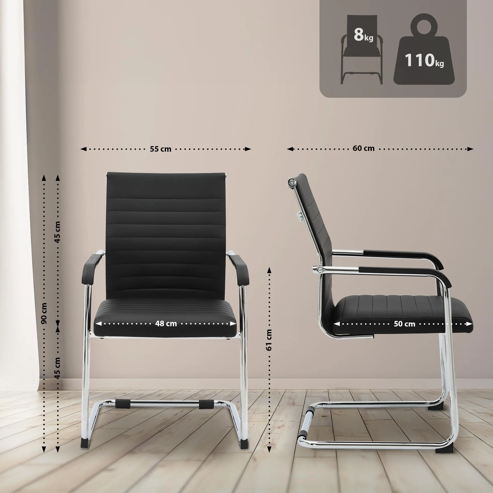 CLP Silla de Oficina ergonómica Hakon, Cantilever con reposabrazos, Estructura de Metal Cromado, Silla de visitante Negra, Color:Negro