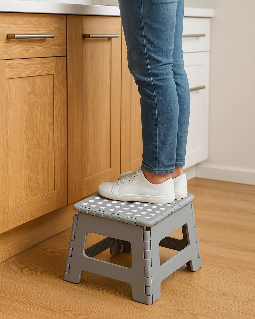 Taburete Plegable Antideslizante, Plástico Resistente hasta 100 kg, Compacto y Portátil con Asa, para Adultos y Niños, Ideal para Cocina, Baño y Hogar – (Blanco)