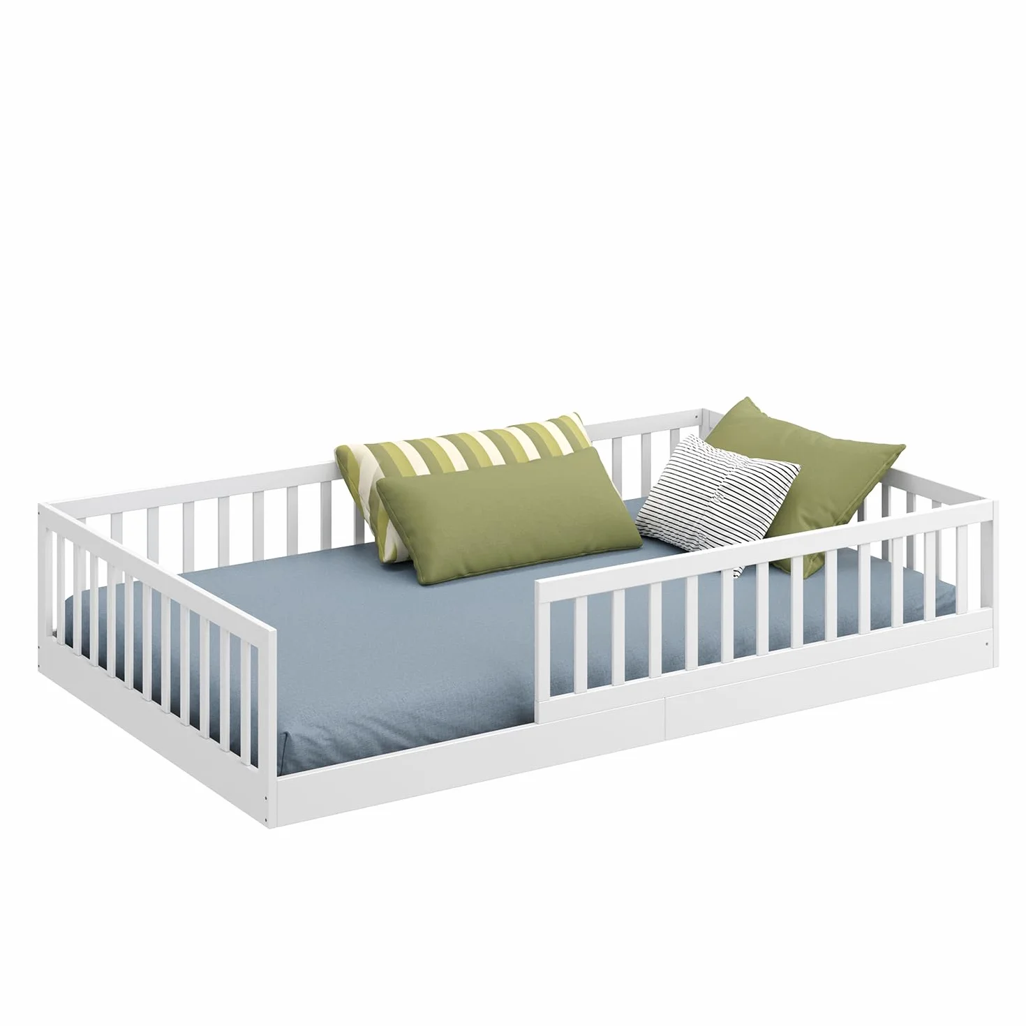 CADANI Timi 2en1 Cama Infantil al RAS del Suelo 120x200 cm Montessori con Barrera anticaída Desmontable, Incluye somier, Pino Macizo, Blanco - 3 Variantes de Montaje, hasta 200 kg, Convertible