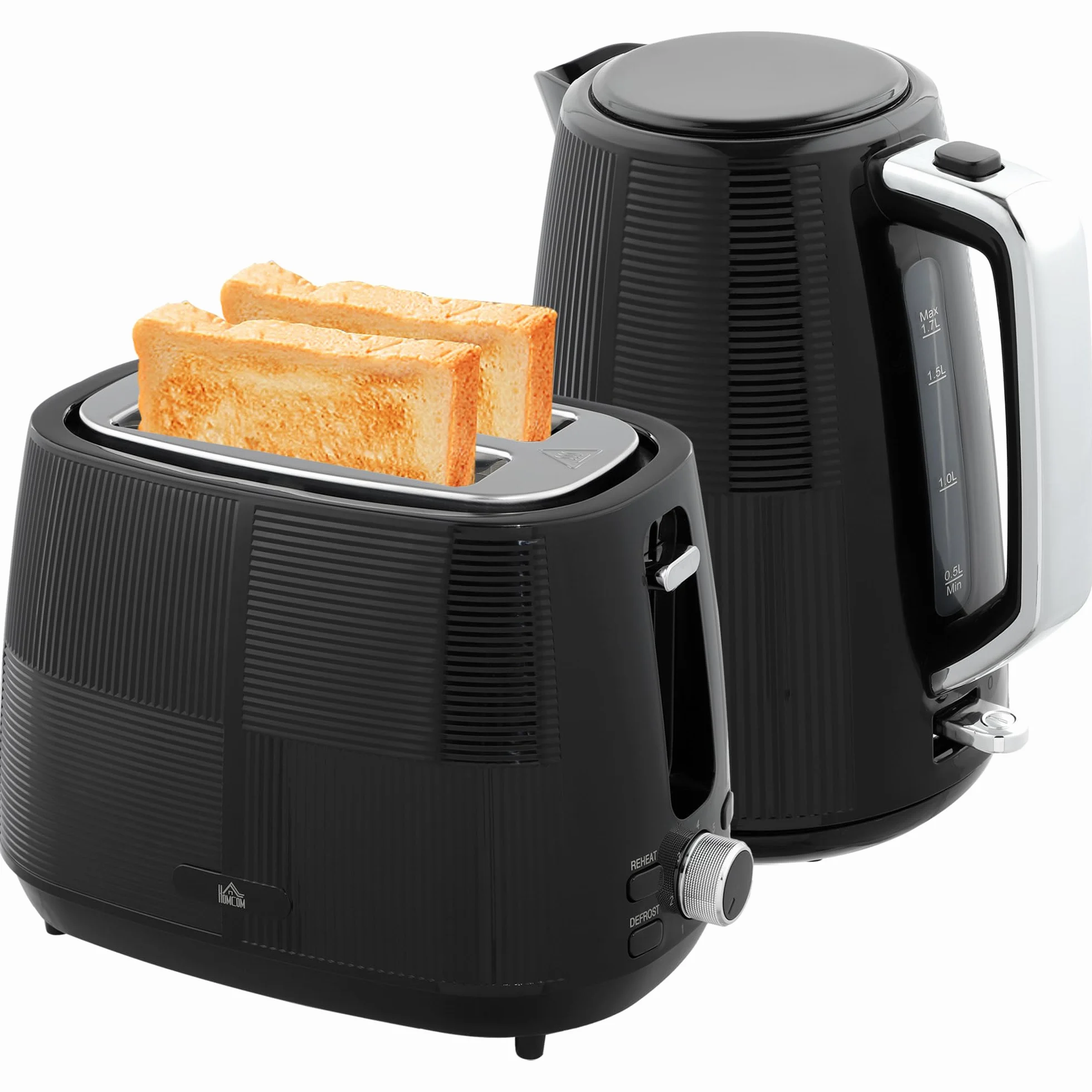 HOMCOM Hervidor Tostador 2200 W 1.7L Hervidor, tostador de 2 discos, 7 niveles de tostado, recalentar y descongelar, set de desayuno con filtro antical y bandeja recogemigas Negro