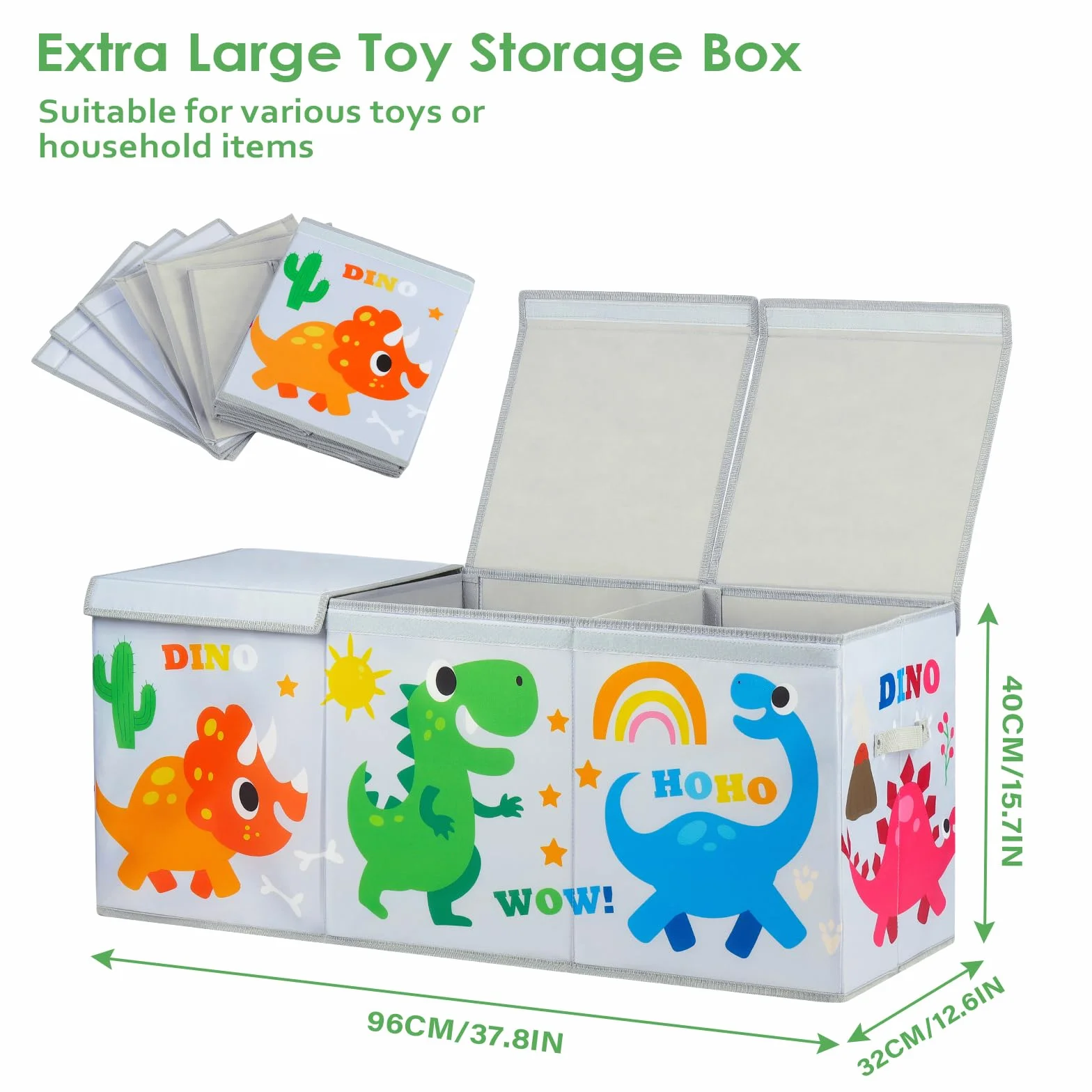 decalsweet Caja de Juguete Extra Grande con Tapa Abatible, Caja Almacenaje Oxford Plegable con Asa para Niños Niñas, Baúl Juguetes y Almacenamiento Impermeable Resistente, 96×32×40 (Dinosaurios Gris)