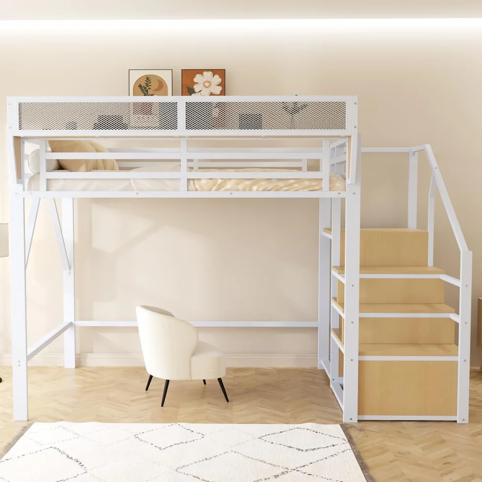 Cama alta de 140 x 200 cm con estructura de metal, cama de matrimonio de 140 x 200 cm con escalera de seguridad y compartimento contenedor flexible, cama para niños, sin colchón, color blanco