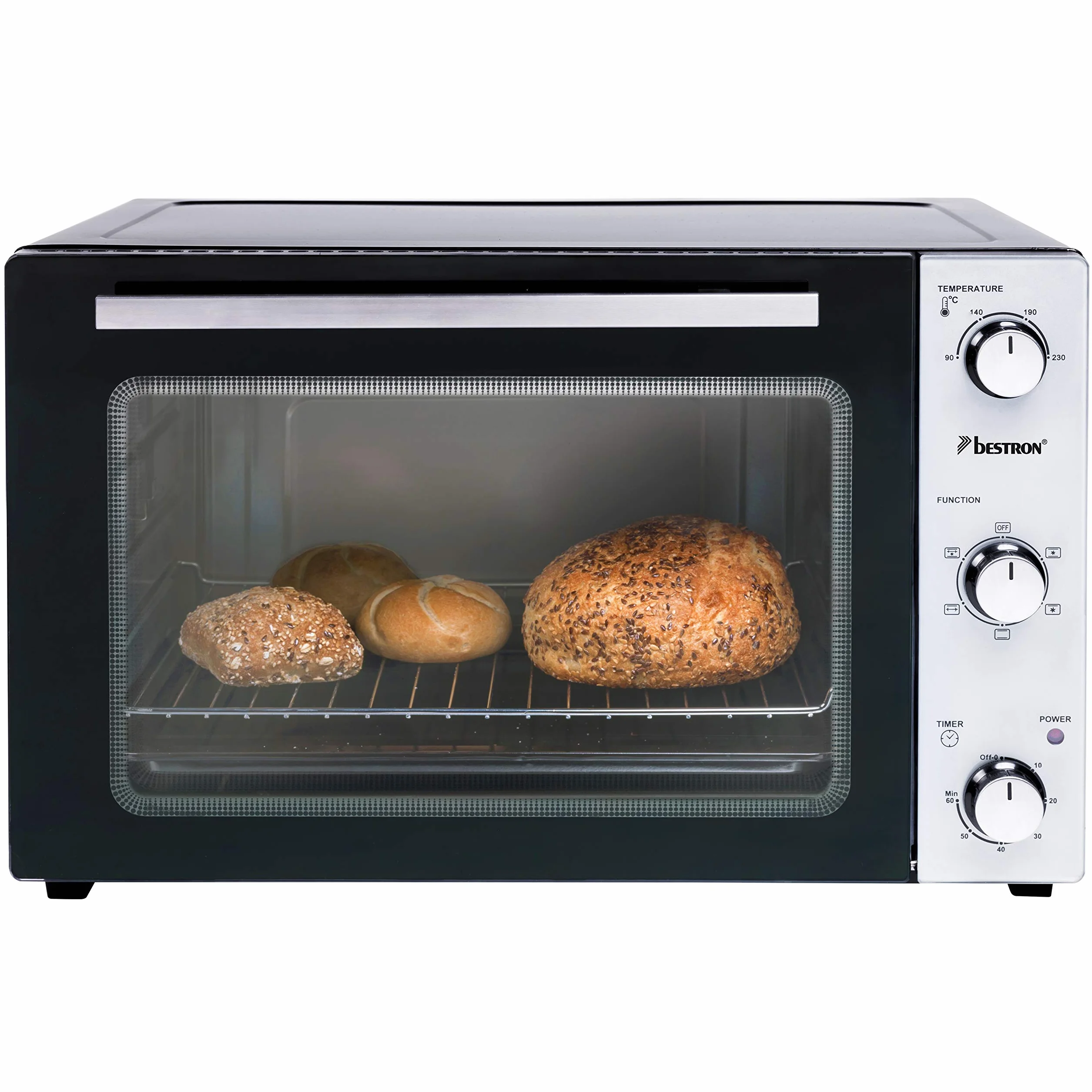 Bestron Mini Horno 2 en 1 con Pincho Giratorio, 45 Litros, 1800 W, Acero inoxidable, Negro