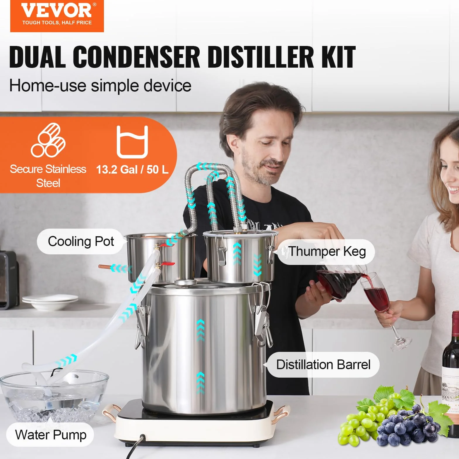 VEVOR Destilador de Alcohol de Acero Inoxidable de 50 L con Bobina de Cobre, Doble Condensador