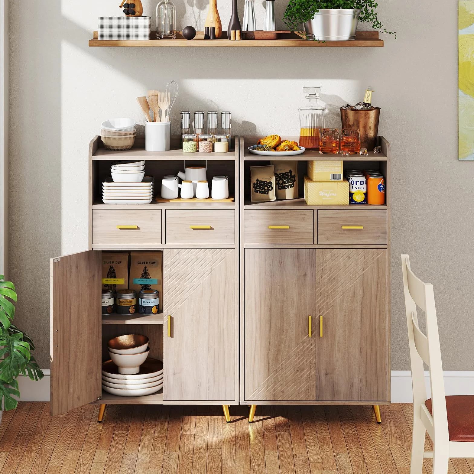 GIANTEX Aparador Buffet de Cocina con 2 Puertas, 2 Cajones y Estantes Abiertos, Armario Auxiliar con Kit Antivuelco, 60 x 30 x 113 cm, Mueble de Almacenamiento para Salón, Comedor, Entrada (Gris)