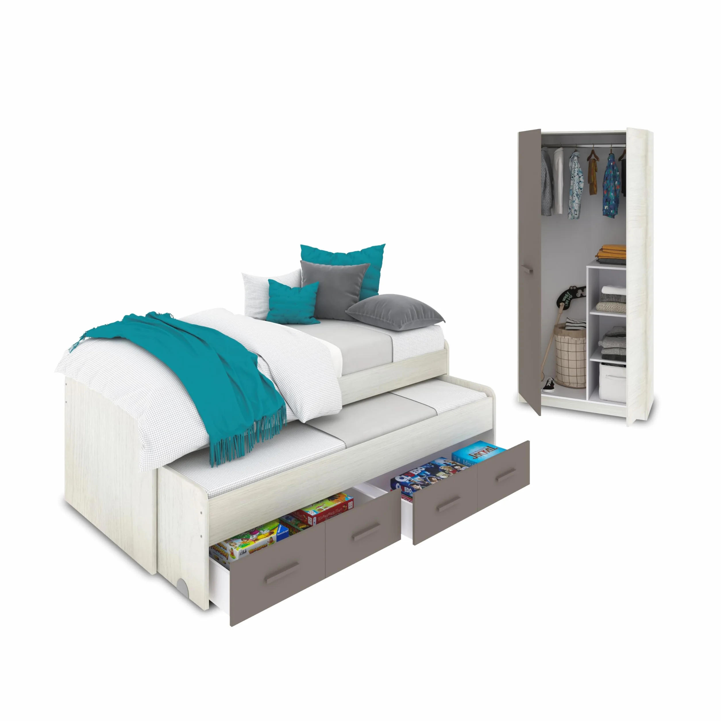 duehome | Pack de Dormitorio Juvenial con Cama Nido Juvenil y Armario, Conjunto de Dormitorio Infantil, Modelo Axim Plus, Acabado en Blanco Alpes y Basalto