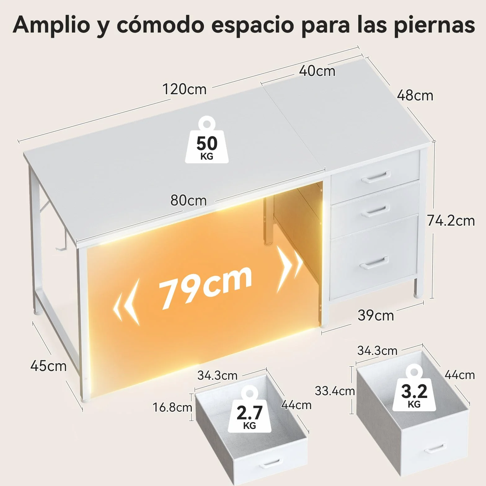Coleshome Escritorio con 3 Cajones de Tela, 120x48cm, Soporte para Auriculares, Blanco, Reversible para Oficina en Casa