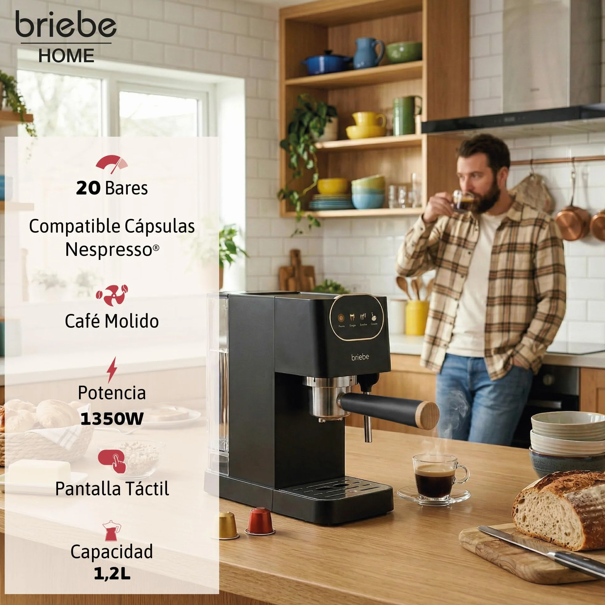 briebe Nordic Cafetera Espresso 20 Bares Compatible Cápsulas Nespresso y Café Molido, Máquina Café Semiautomática Profesional 1350W, Espumador Leche, Pantalla Táctil, 1,2L, Diseño Nórdico, Negro