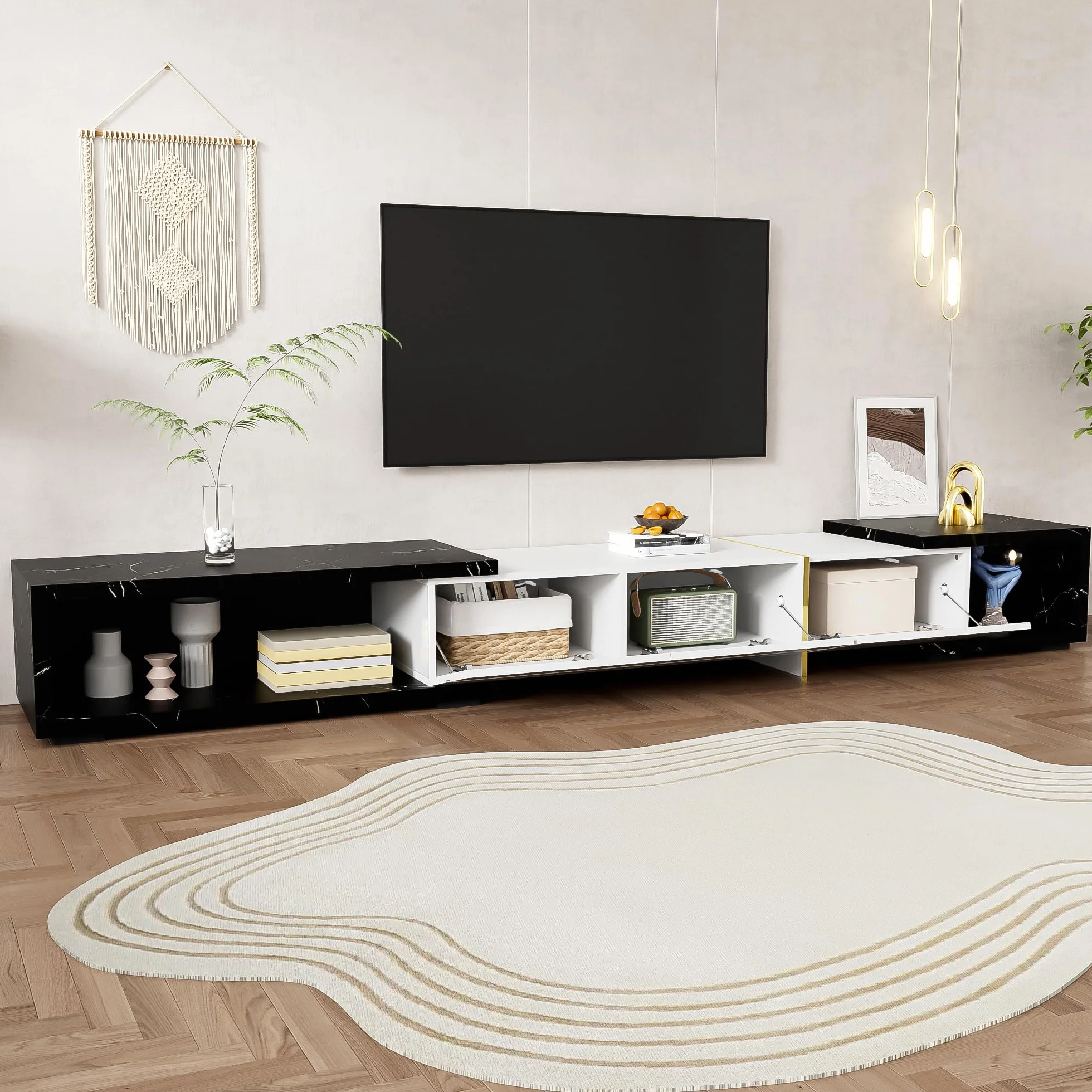 Moimhear Mueble de TV con longitud variable (140-260 cm), función giratoria, efecto mármol negro, acabado mate blanco y adornos dorados (blanco)
