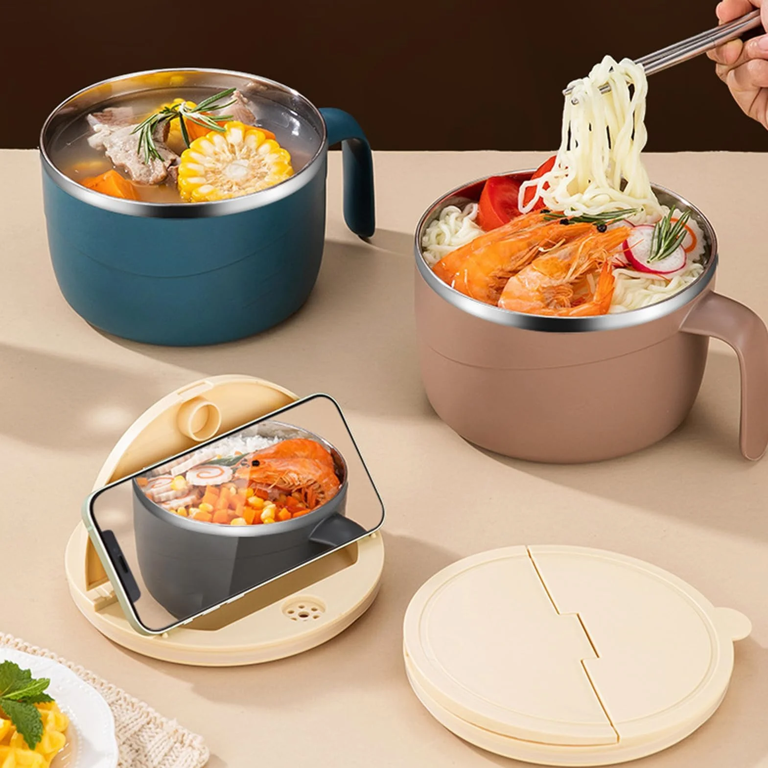 304 Stainless Steel 1200ML Insulated Soup Bowl with Lid Spoon Double Layer Anti-Scald Ramen Bowl Large Capacity Handle Blue
