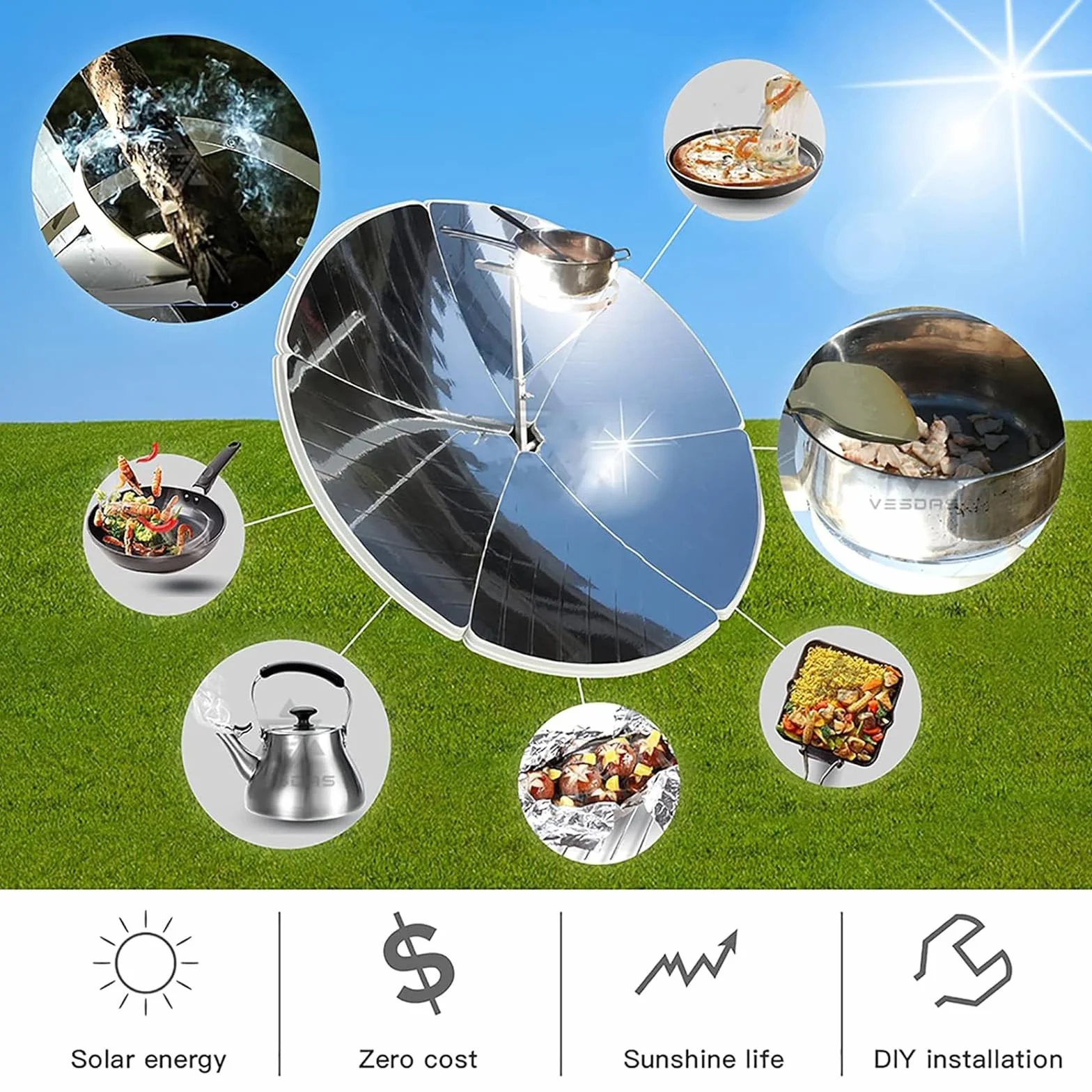 Hornos Al Aire Libre, Cocina Solar Parabólica Portátil 1800W, Plegable 59 Pulgadas