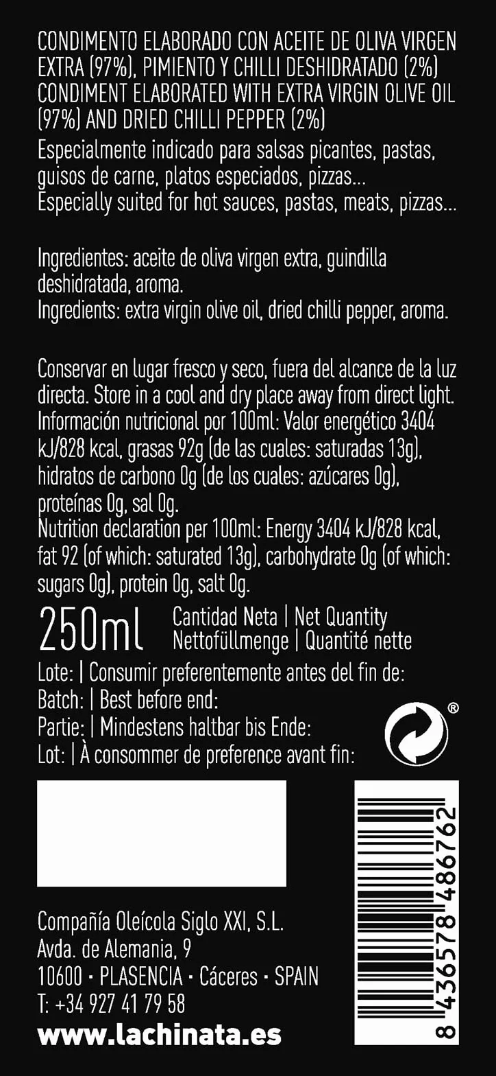 La Chinata Condimento de Guindilla con AOVE – Aceite de Oliva Virgen Extra Picante 250 ml