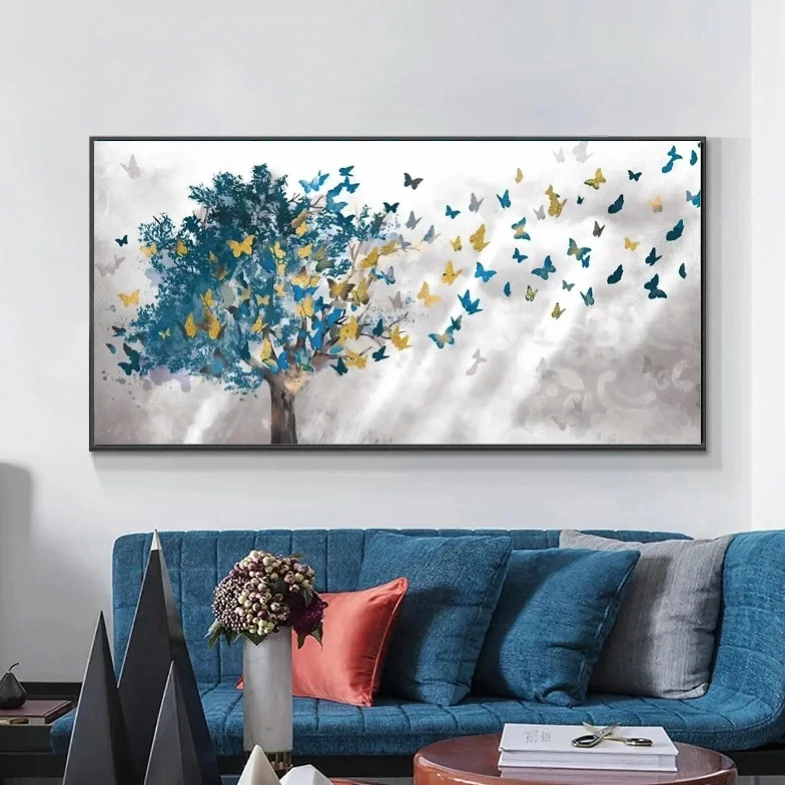 Moderno nórdico azul árbol mariposa lienzo pintura pared arte carteles impresiones cuadros de pared para sala de estar decoración de la pared del hogar 25.6 x 51.2 in (26 x 51 pulgadas) marco interno