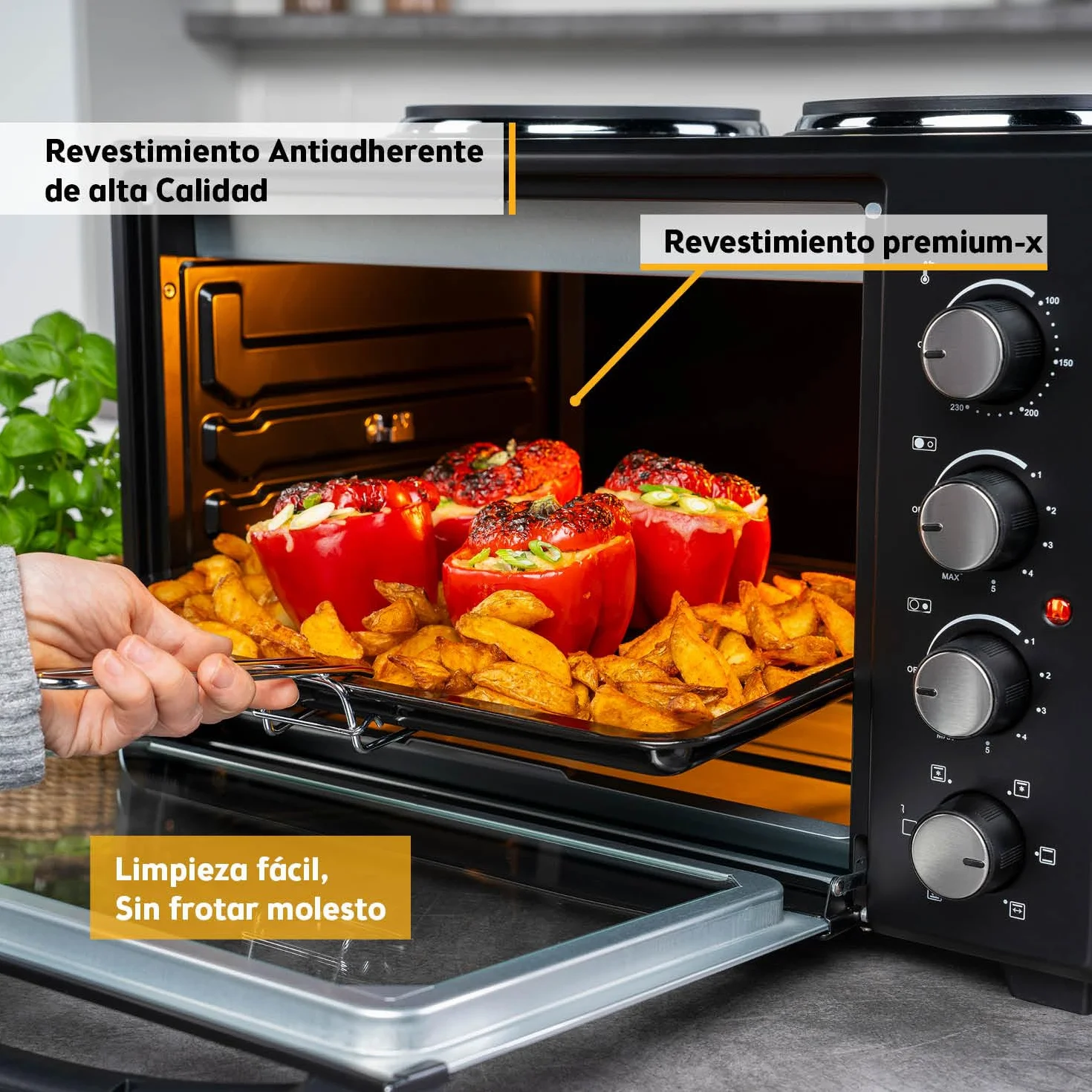 First Austria Mini Horno 45L 3200 W con Quemadores para Pizza 230°C Revestimiento Antiadherente Multihorno 4 Alturas
