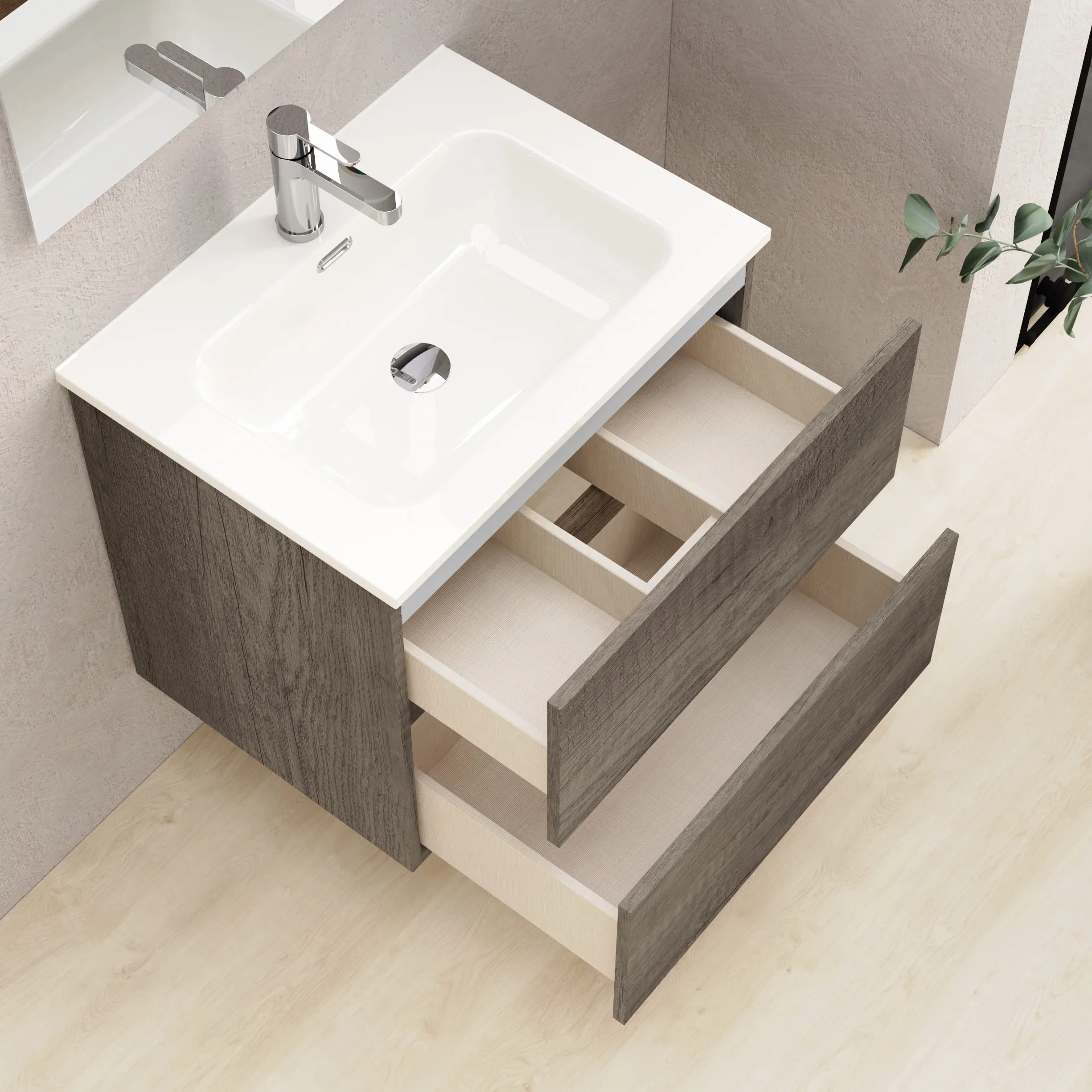 Baikal Mueble de Baño Dos cajones, suspendido a la Pared con Lavabo. Melamina 16. Mueble montado. Mueble de 50cm Nebraska Sin Espejo