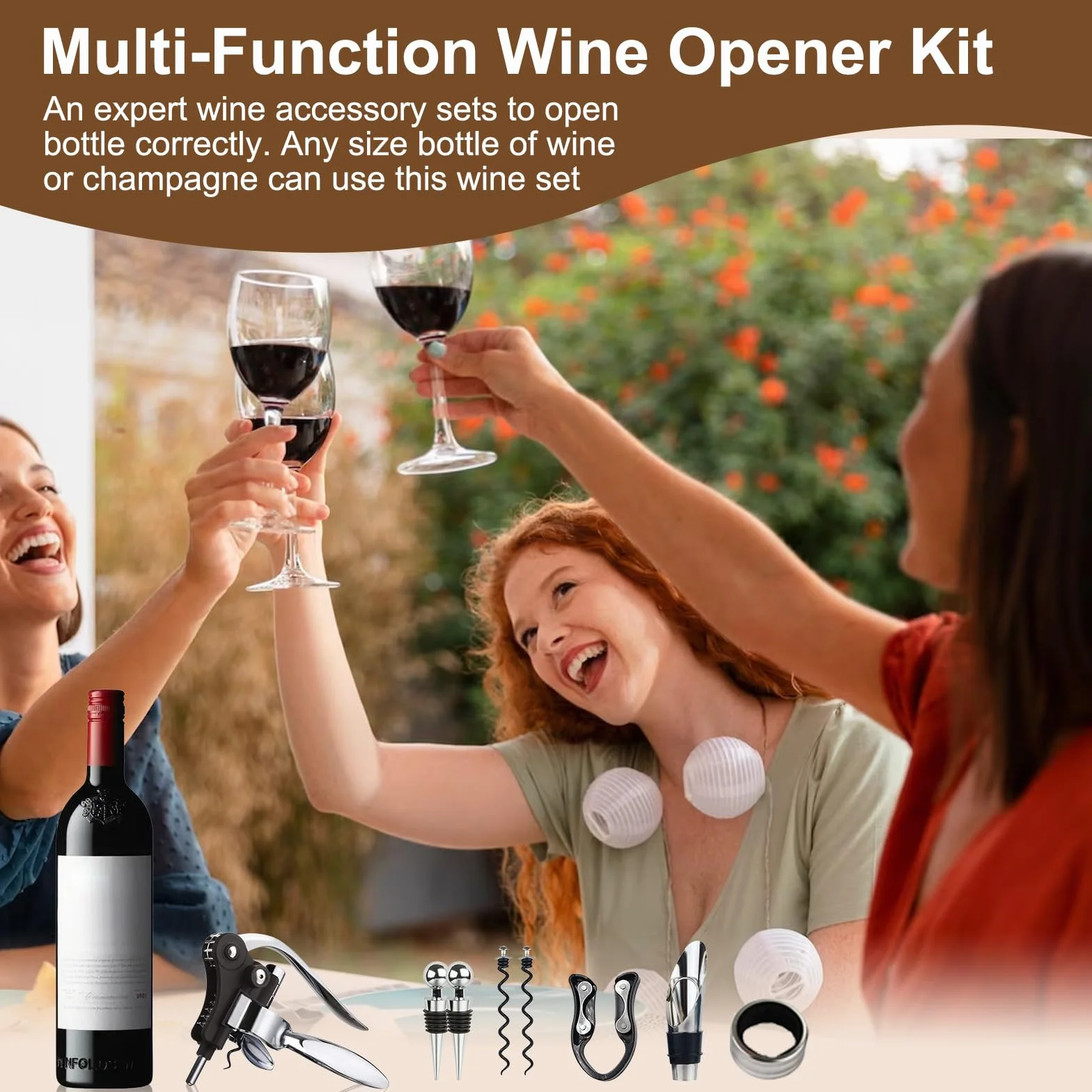 Set Sacacorchos Manual 8 Piezas, Juego Abridor Botellas, Caja Madera Regalo Decantador