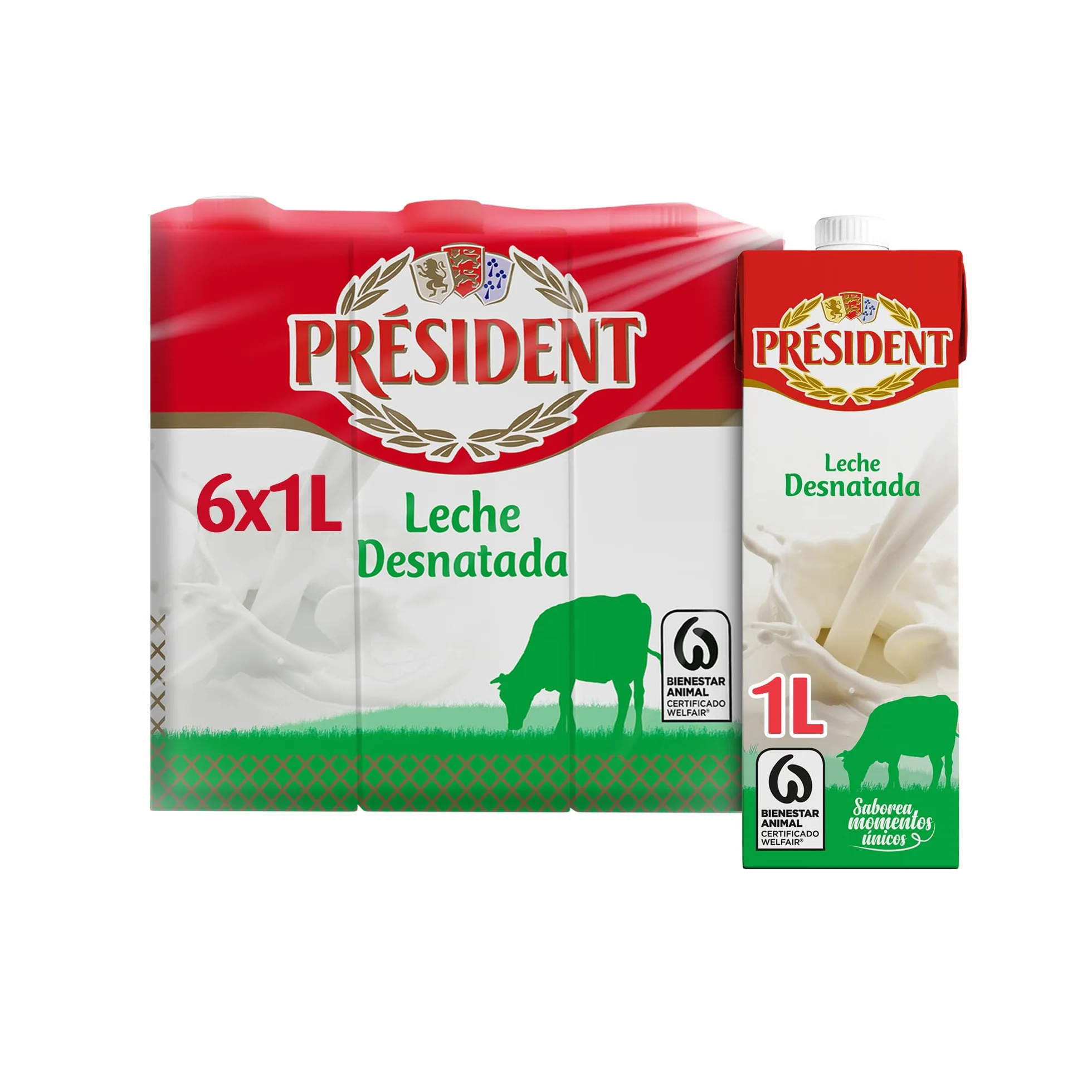 Président Leche Desnatada Natural de Galicia Pack 6 x 1 L Fuente de Calcio y Proteínas Sin Gluten
