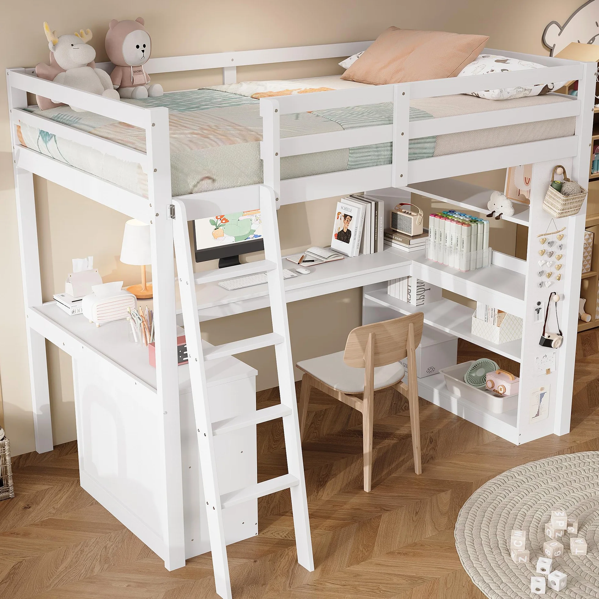 SUKY Cama Alta 90x200 cm con Estante de Almacenamiento y Barandilla de Seguridad