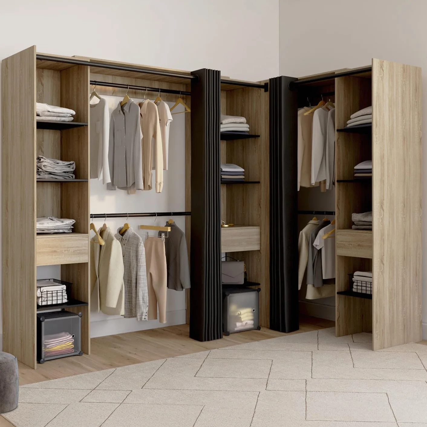 IDMarket - MARLON 230 x 140 x 180 cm Armario esquinero de haya con armarios + estantes + cortinas negras