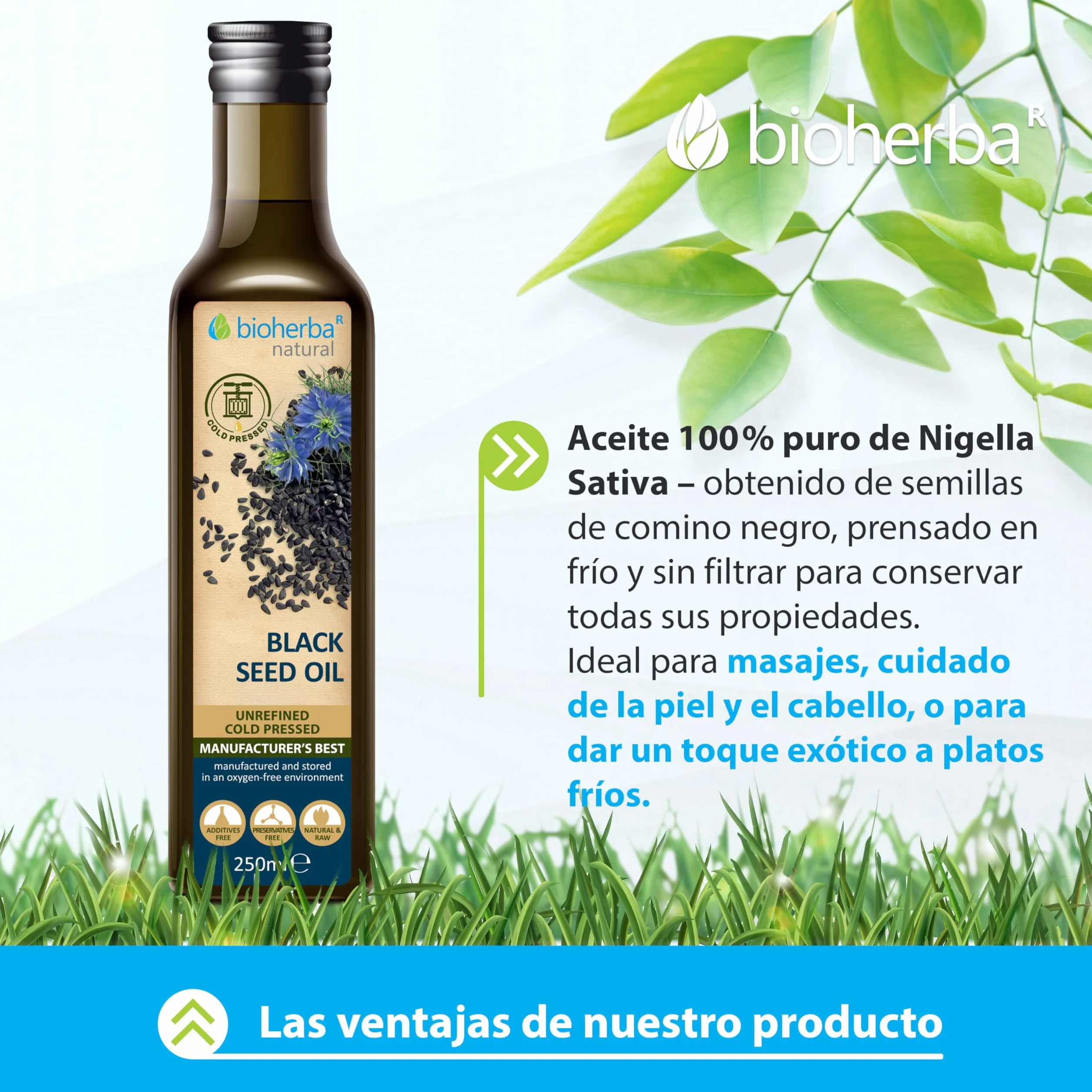 BIOHERBA Aceite de semillas de Nigella Sativa 250 ml cold pressed prensado en frío puro vidrio