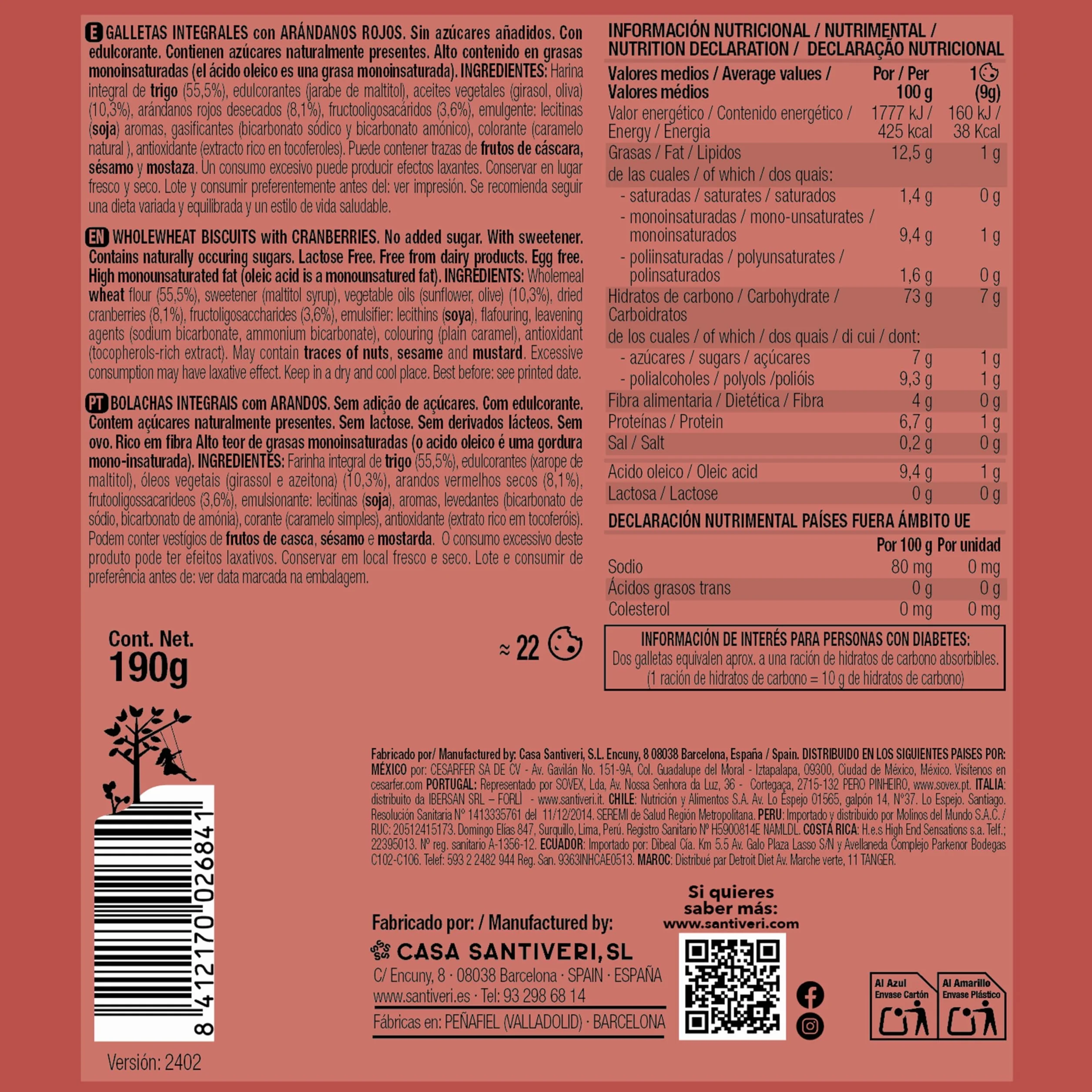 SANTIVERI Galletas Integrales Arándanos 0% Azúcares Añadidos Fibra Vegano 190 g
