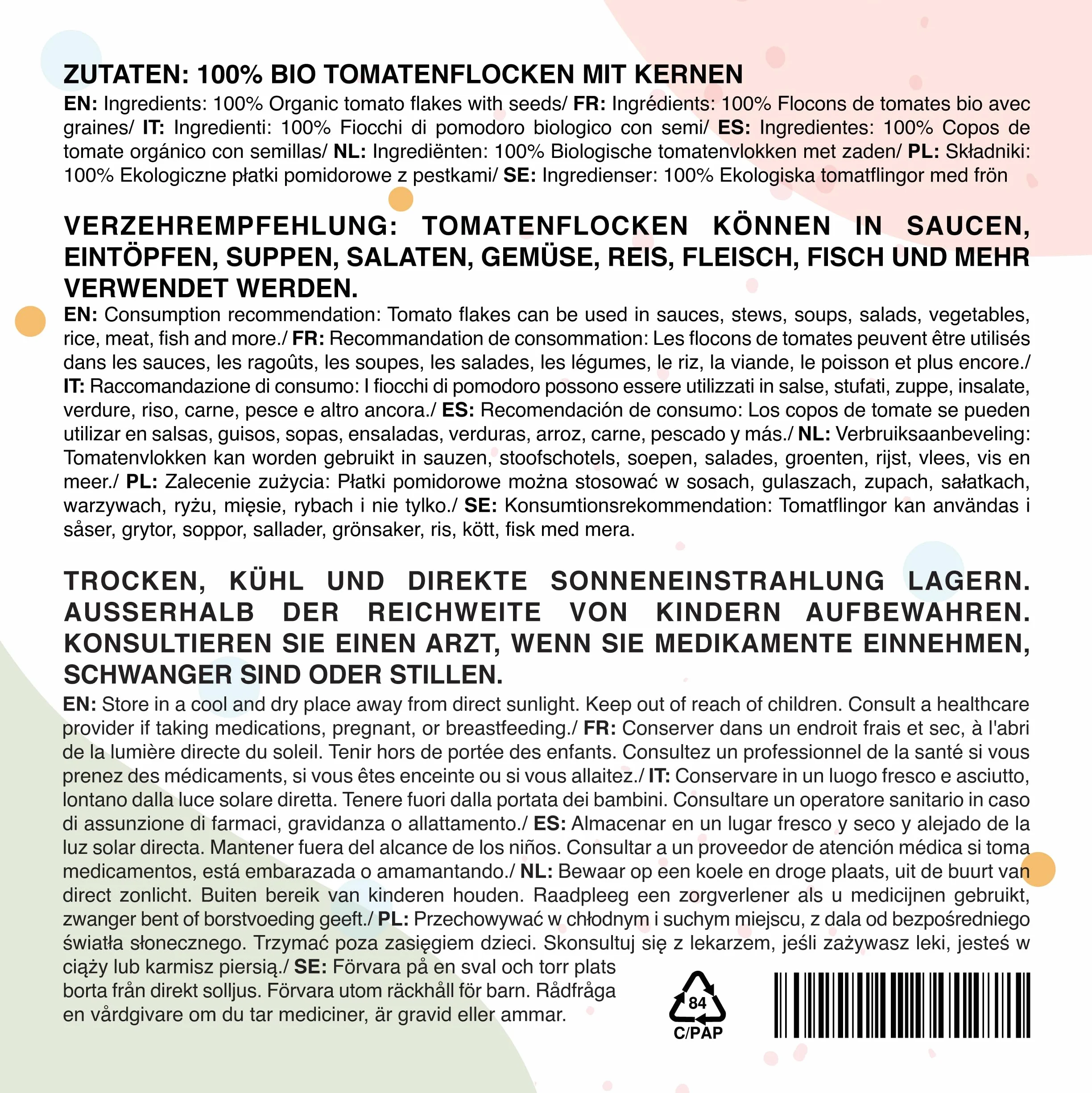 IDDA Copos de Tomate Orgánicos 100g Trozos de Tomate Secos Triturados para Cocinar
