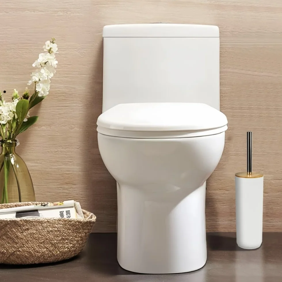 DAMDAM GO - Escobillero Plastico Blanco Palo Acero INOX Tapa Bambu 9,5x40 cm