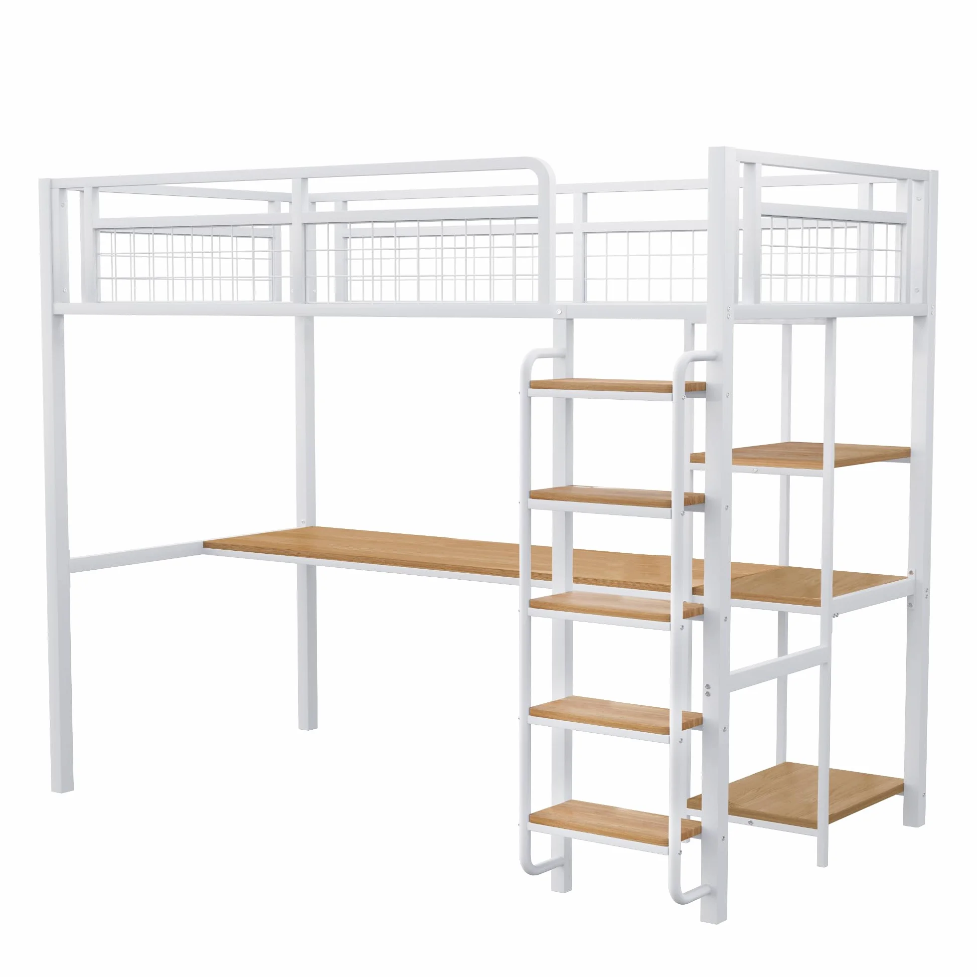Cama alta de metal 90x200 cm con escalera y valla de seguridad blanca