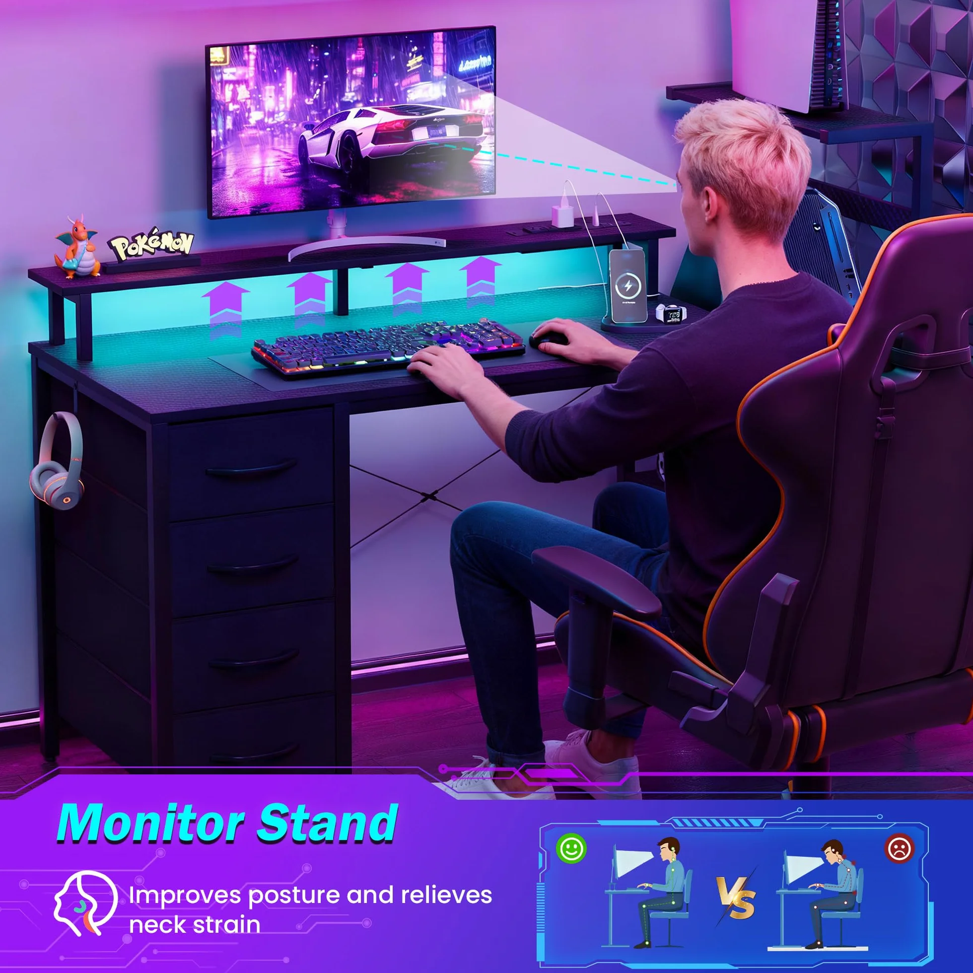 YOUDENOVA Escritorio para juegos con 4 cajones de tela, 150 x 48 cm, doble cara, con LED y enchufe, escritorio de oficina con soporte de monitor, conexión USB, mesa para oficina en casa y jugadores