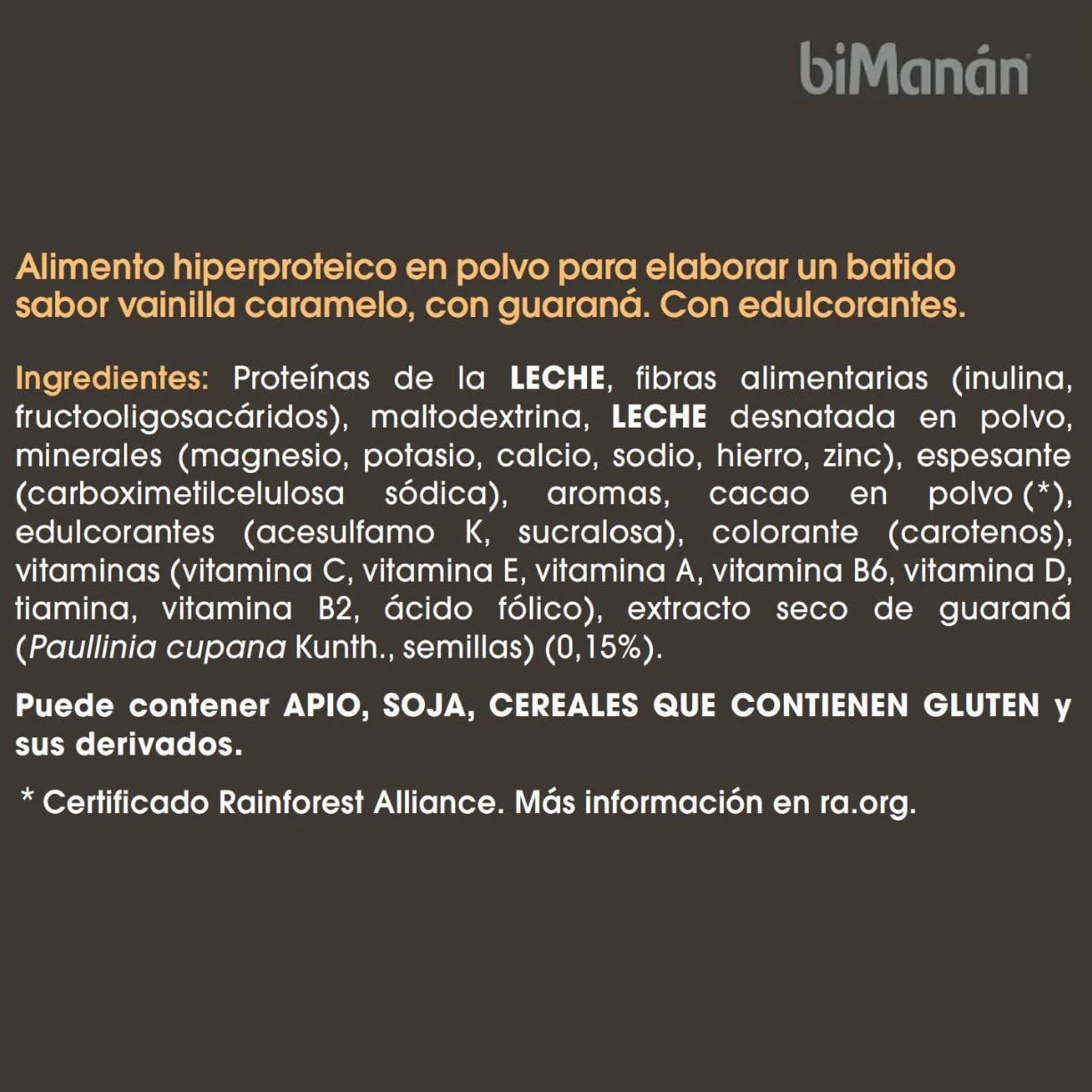 biManán Batido de Proteína Sabor Vainilla y Toffee 51% Proteína Guaraná Fibra Ácido Fólico Vitaminas Minerales 420g