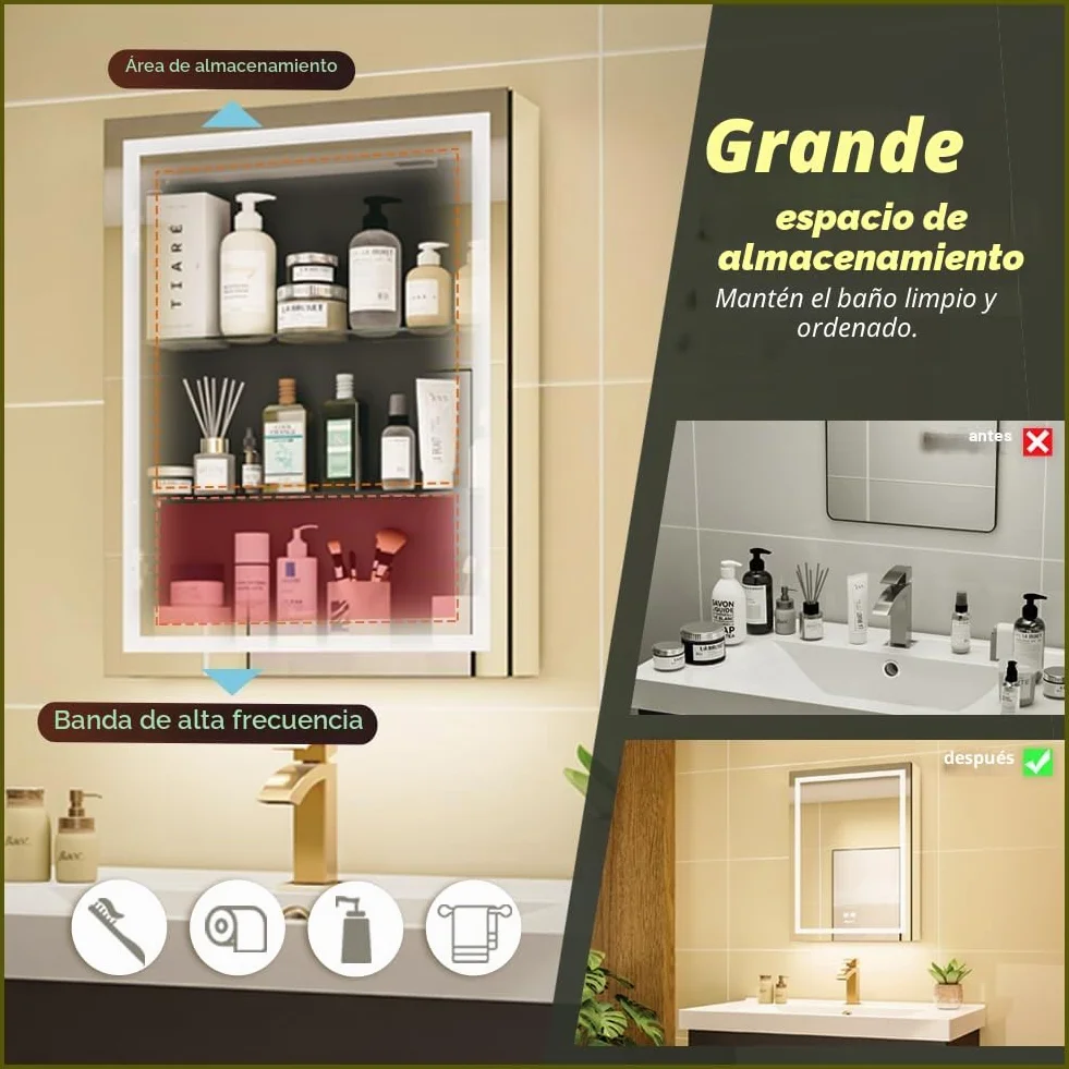 GANPE LED Beleuchtetes Badezimmer Medizin Spiegel Schrank, Defog, Stufenloses Dimmen, Speicher 3-Farben Modus, Regale, Steckdosen & USBs, 50x70 cm