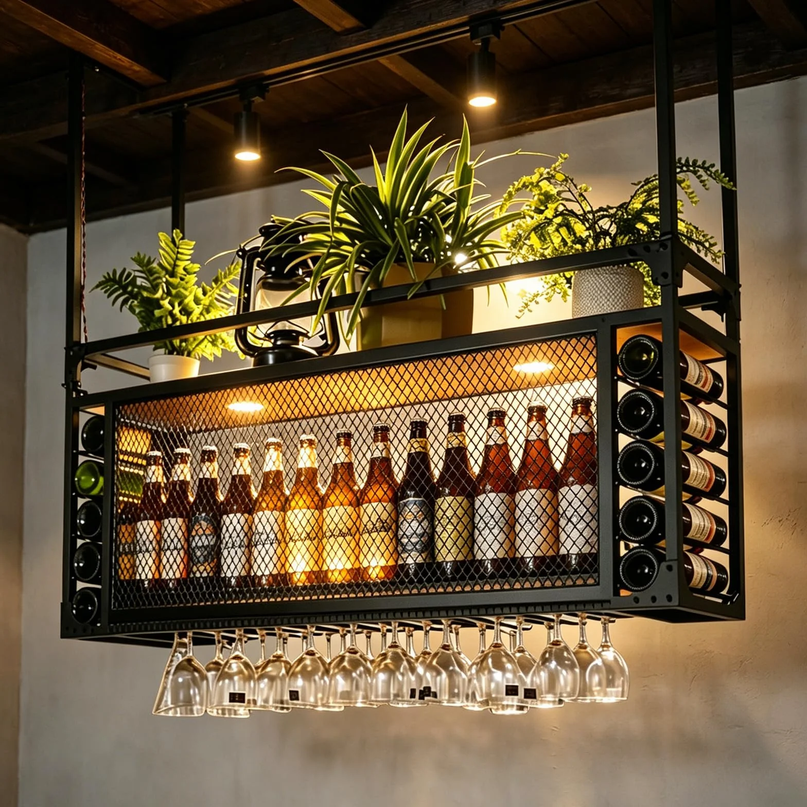 Estante de Techo, botellero Colgante de Gran Capacidad, se Puede Colgar o Montar en la Pared, botellero Simple con luz, Adecuado para Bares, restaurantes (80 * 30 * 55+40cm)